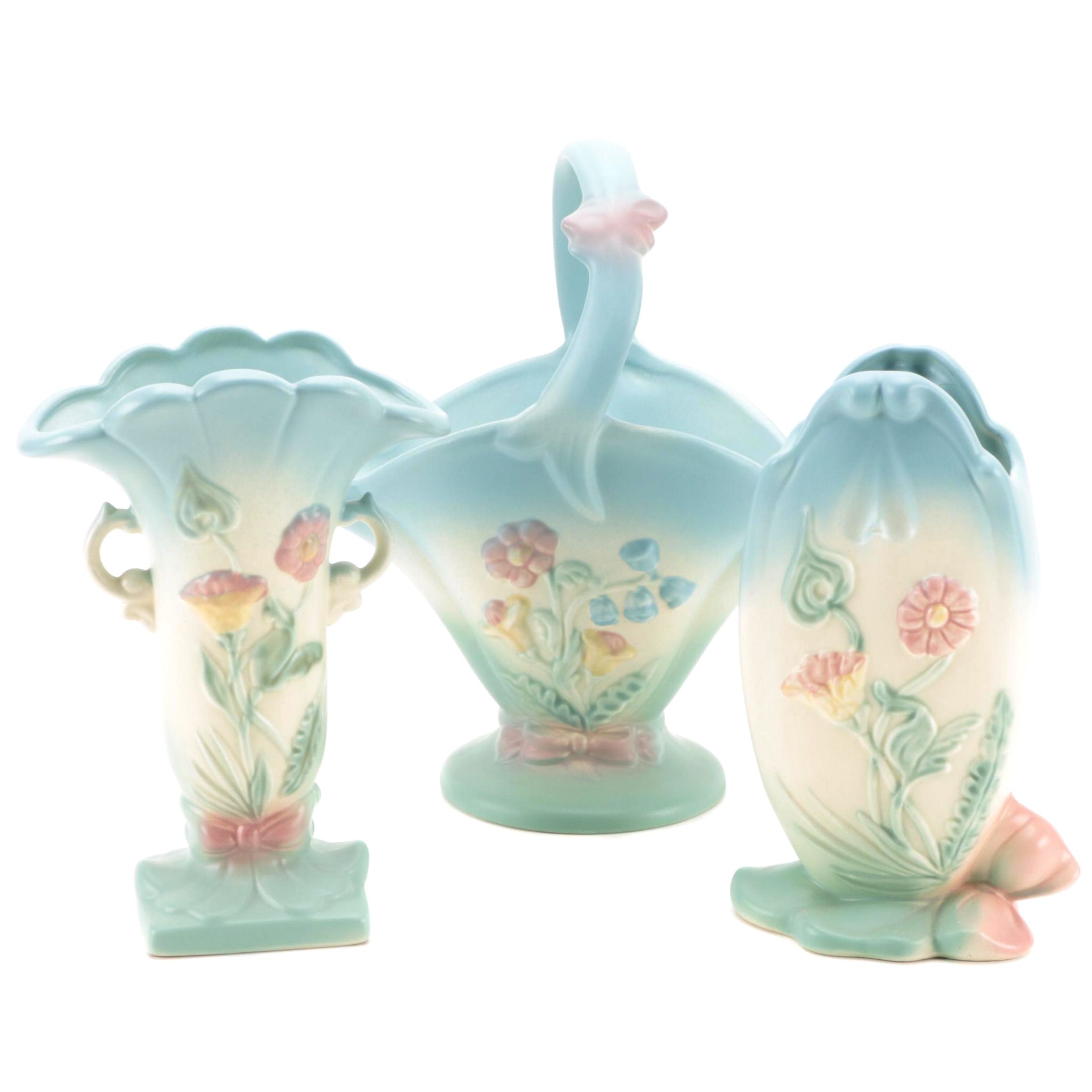 Hull Pottery "Bow Knot Blue and Turquoise" Vases and Basket, Mid-20th C.