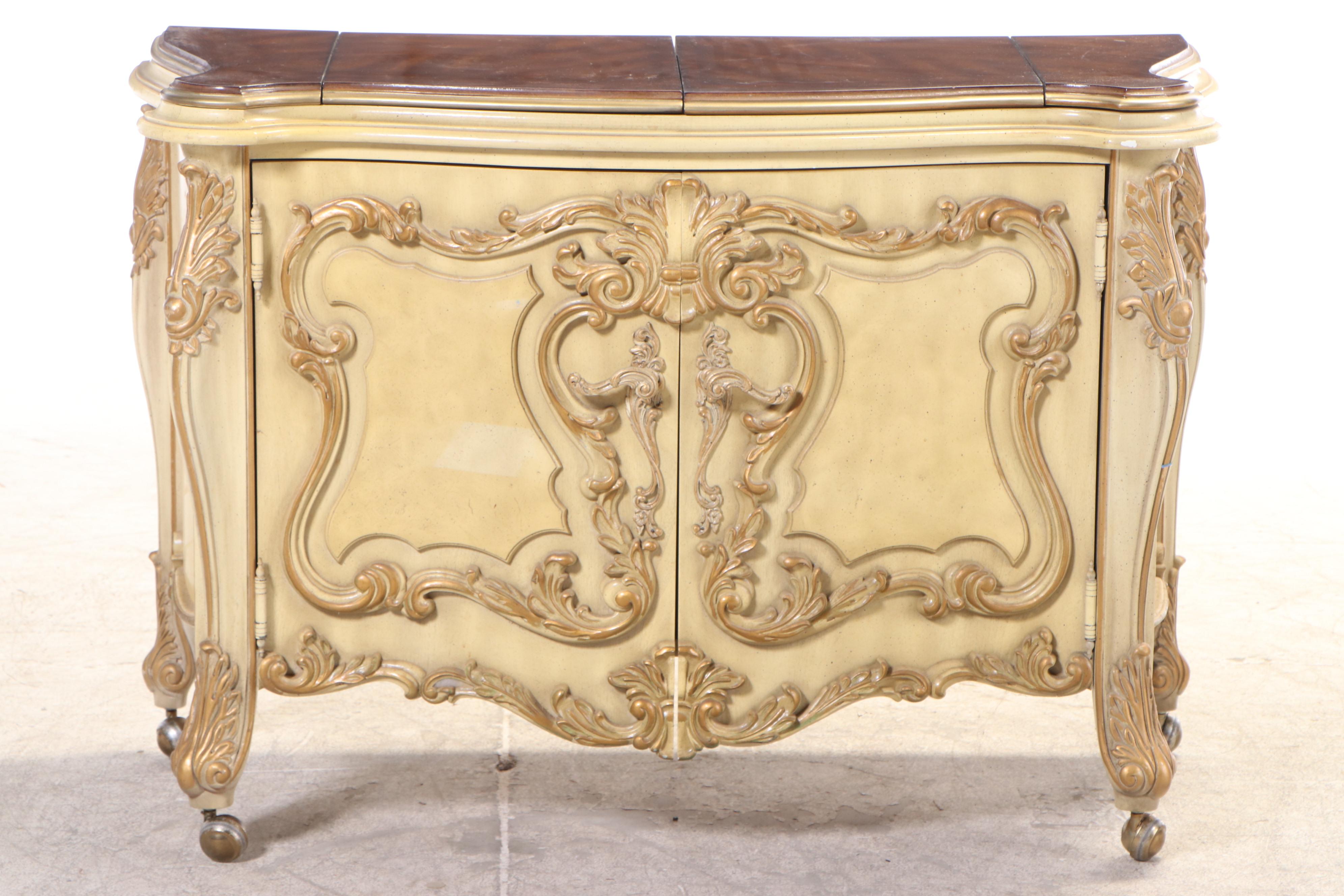 Ecker-Shane Furniture Rococo Style Painted and Carved Wood Bar Cabinet