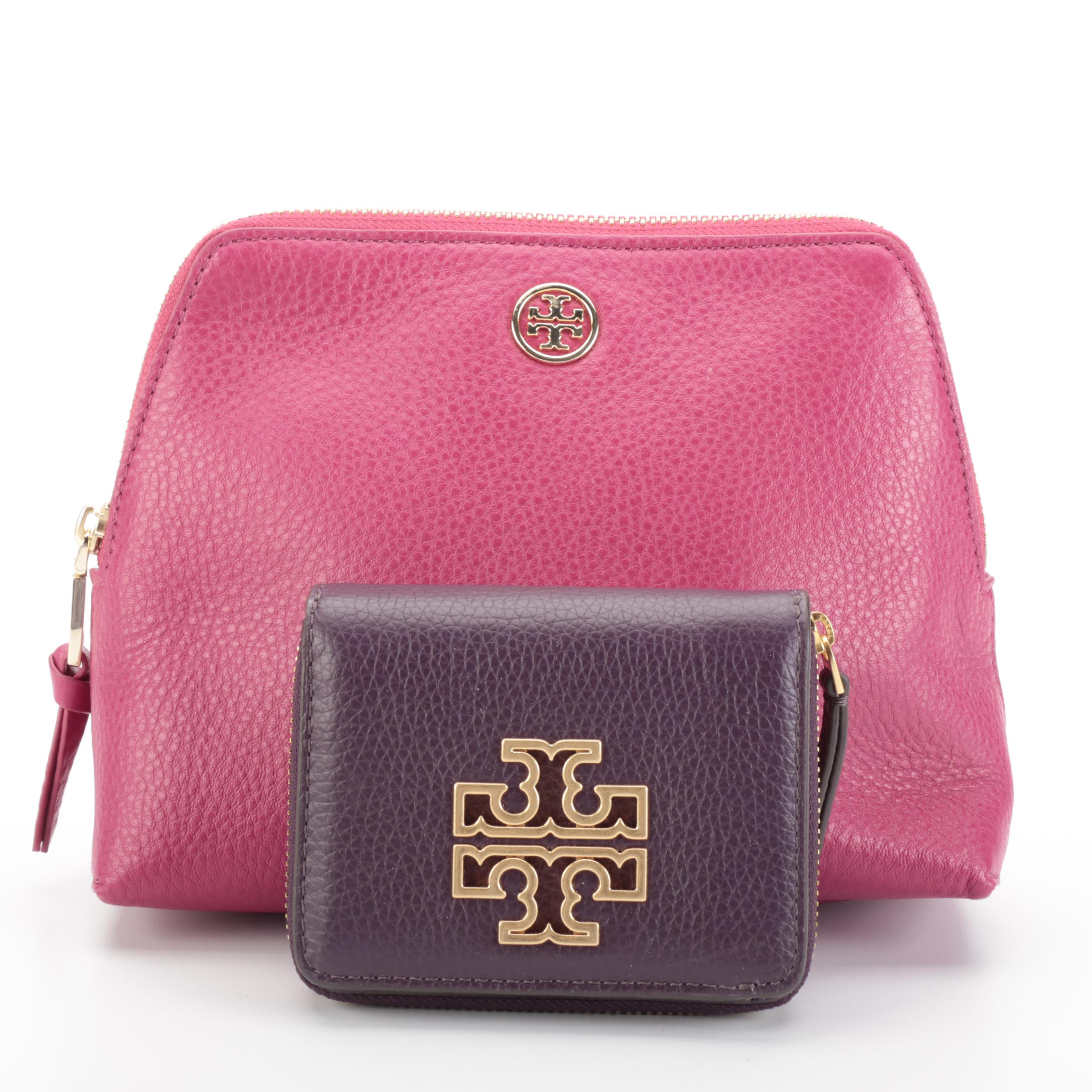 Tory Burch Fuchsia Leather Toiletry Pouch and Purple Leather Zip-Around Wallet