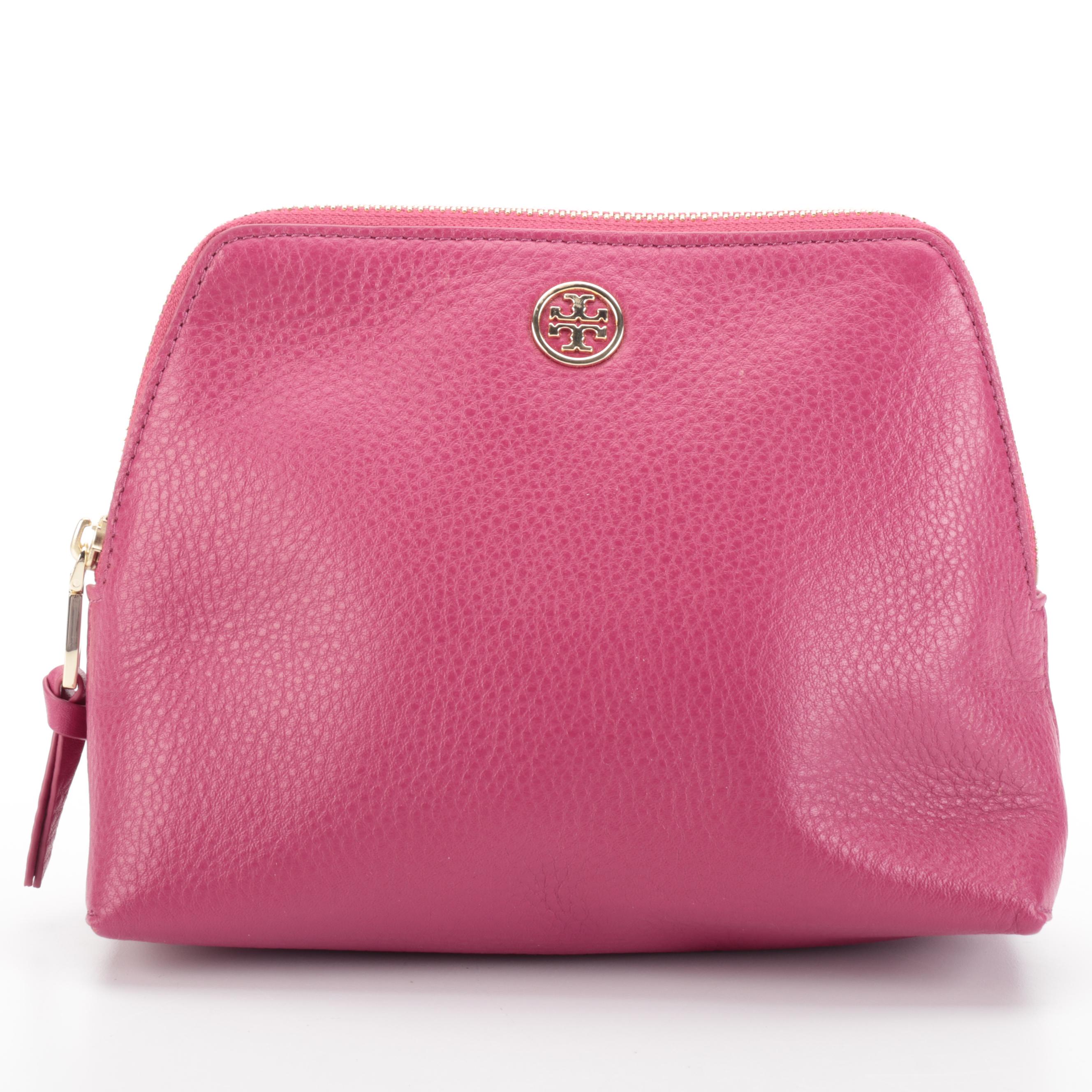 Tory Burch Fuchsia Leather Toiletry Pouch and Purple Leather Zip-Around Wallet