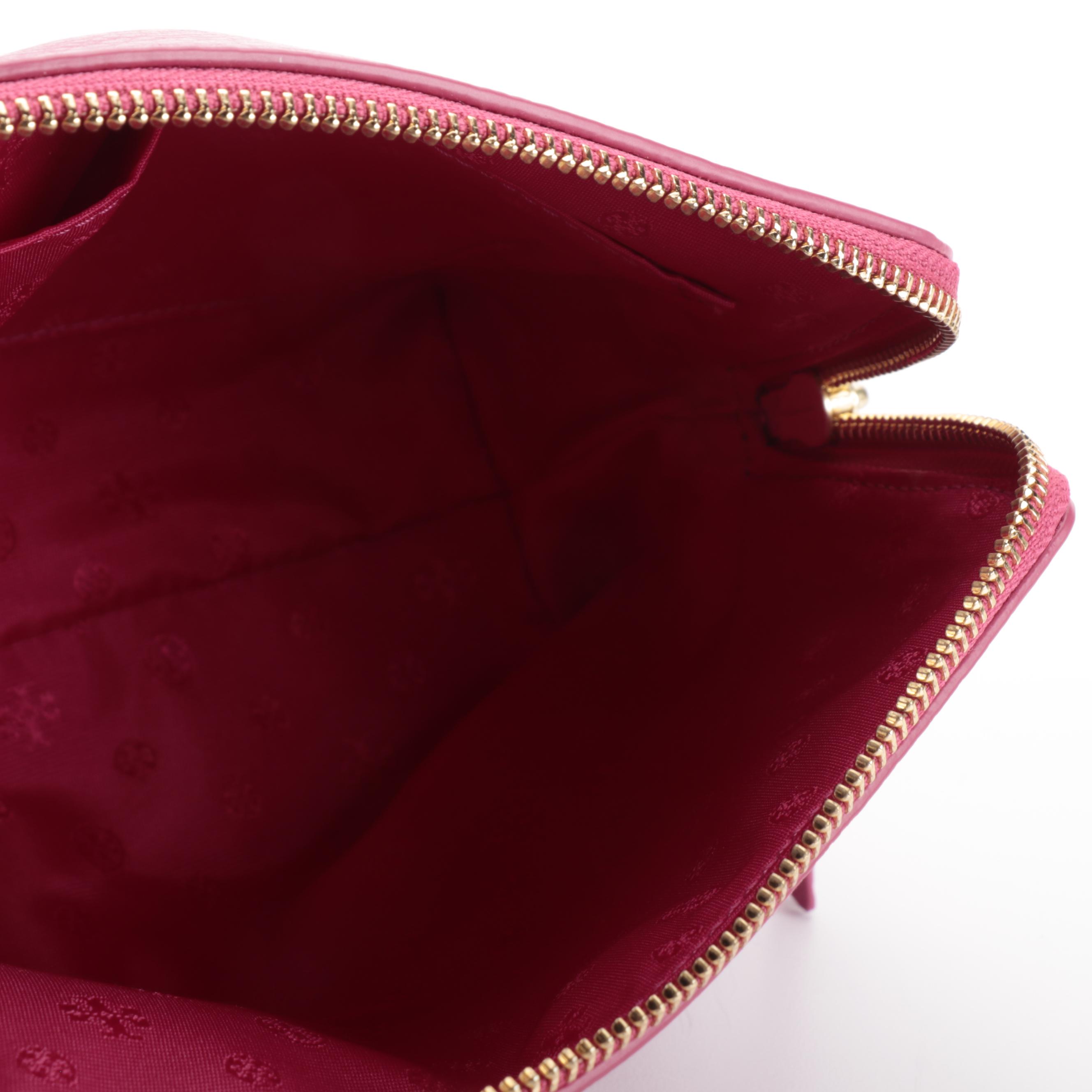 Tory Burch Fuchsia Leather Toiletry Pouch and Purple Leather Zip-Around Wallet