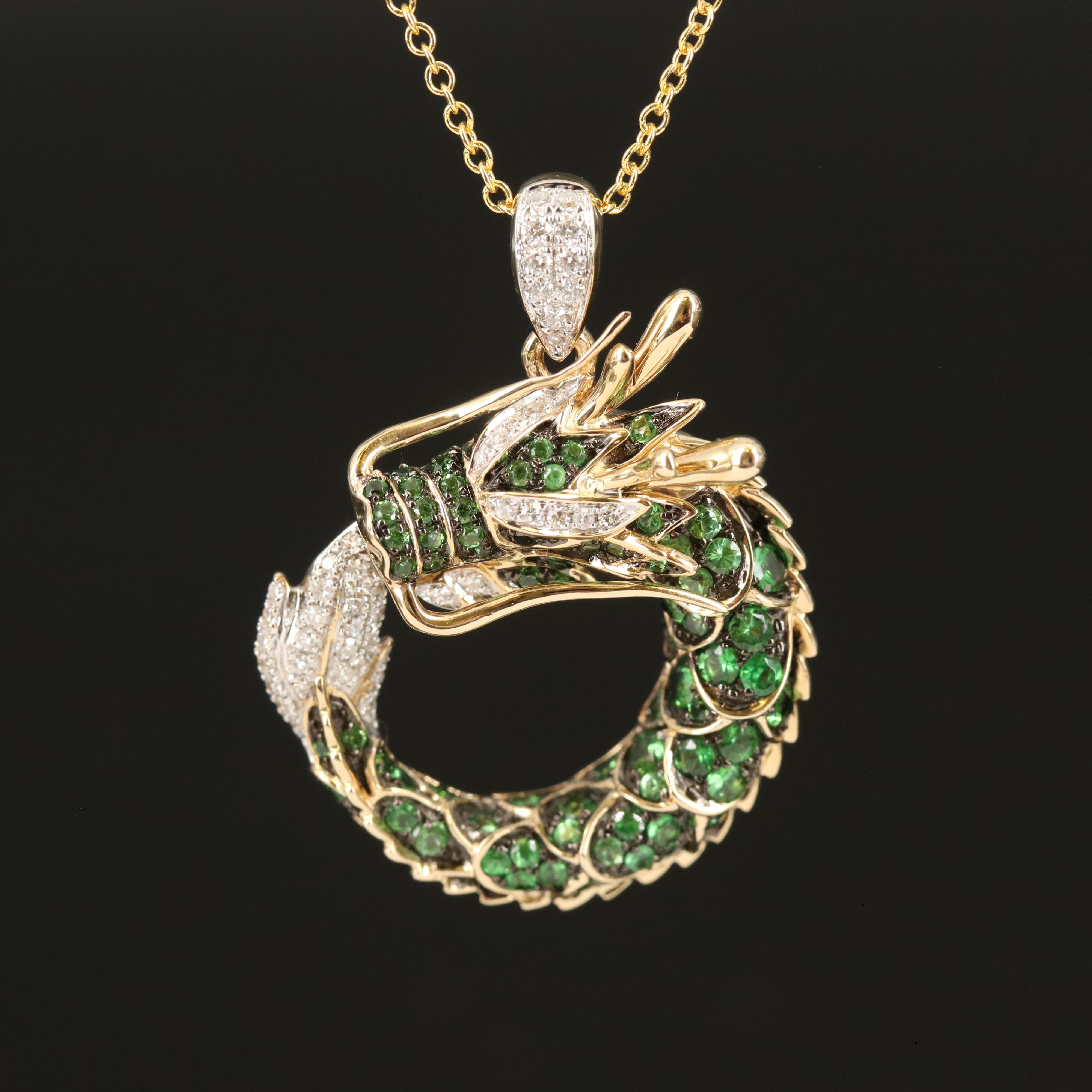 EFFY 14K 0.19 CTW Diamond and Tsavorite Dragon Pendant Necklace