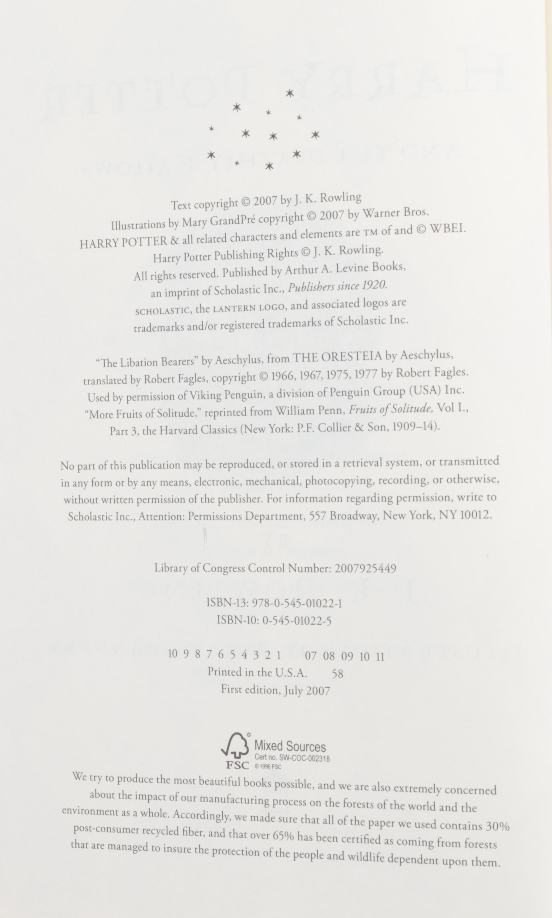 First American Edition "Harry Potter" Complete Series with "The Cursed Child"