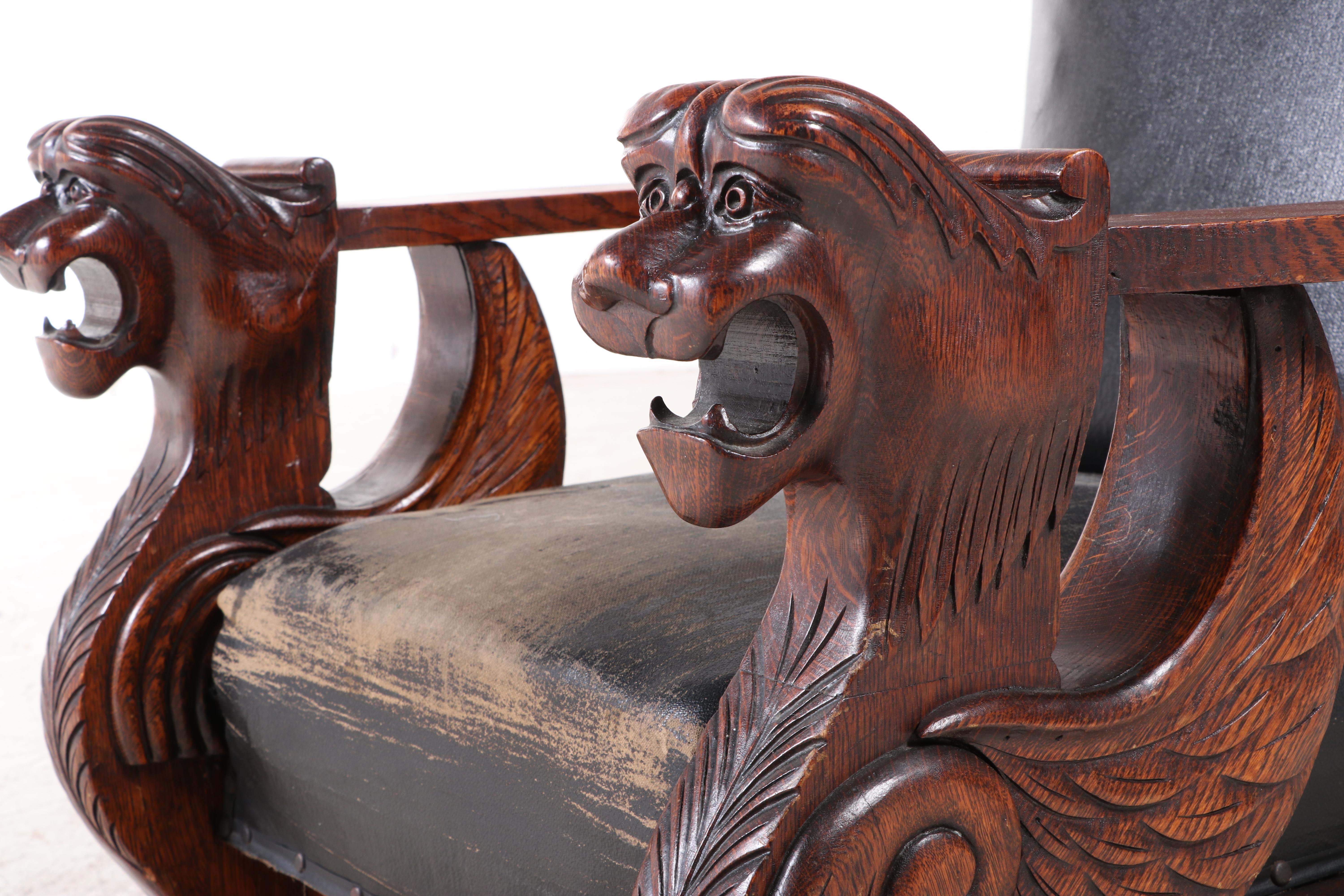 Carved Oak and Leather Upholstered Reclining Morris Chair, Late 19th Century