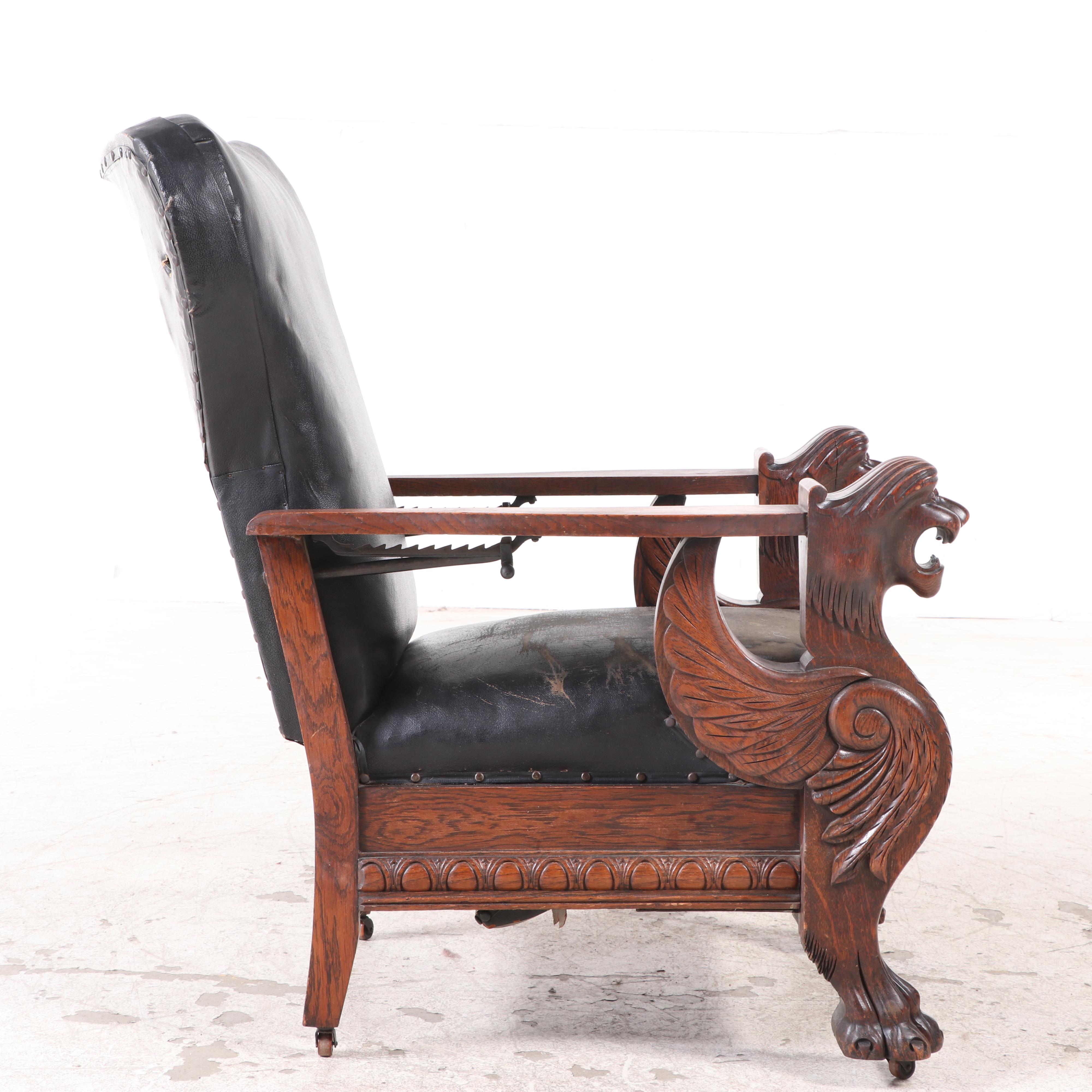 Carved Oak and Leather Upholstered Reclining Morris Chair, Late 19th Century