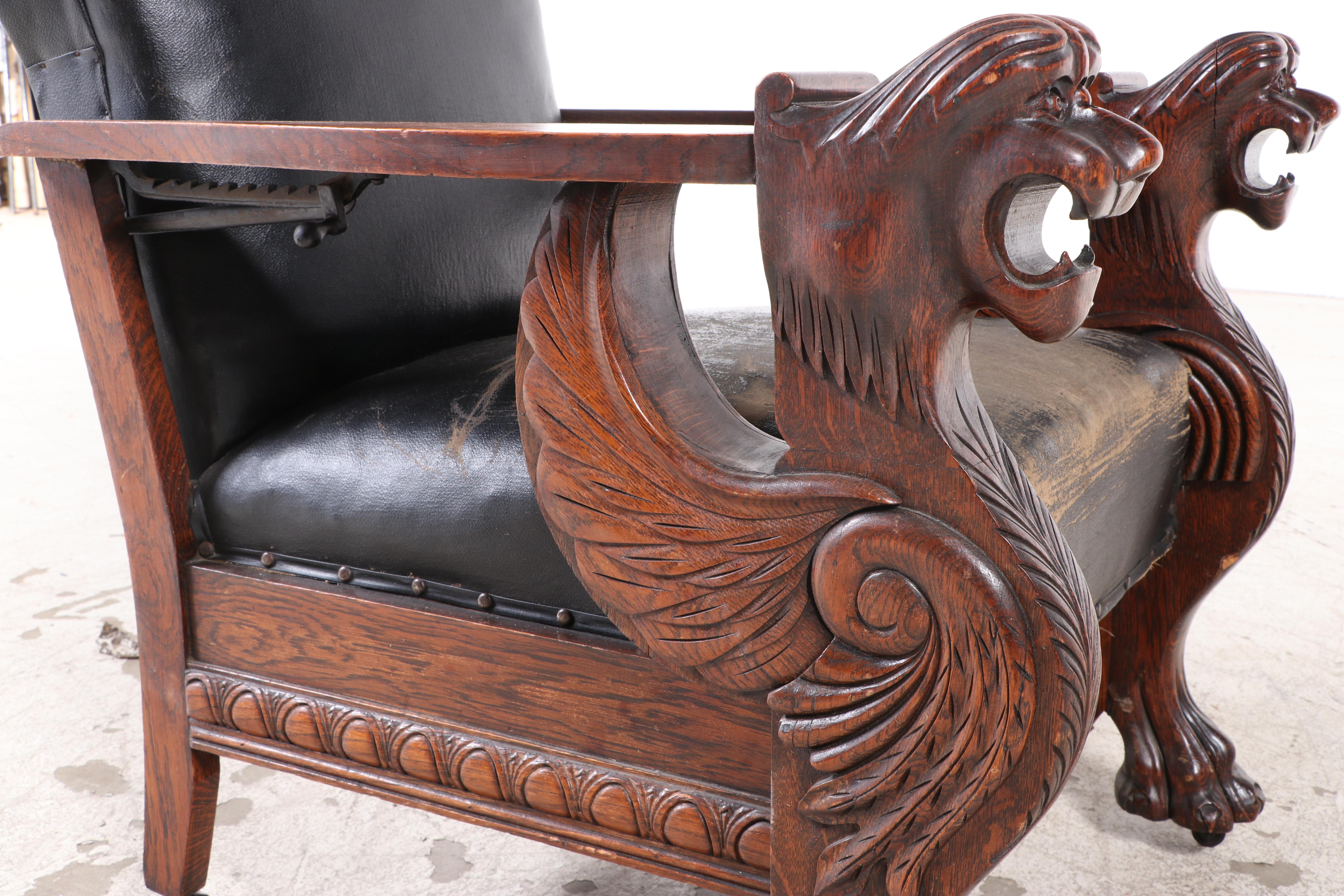 Carved Oak and Leather Upholstered Reclining Morris Chair, Late 19th Century