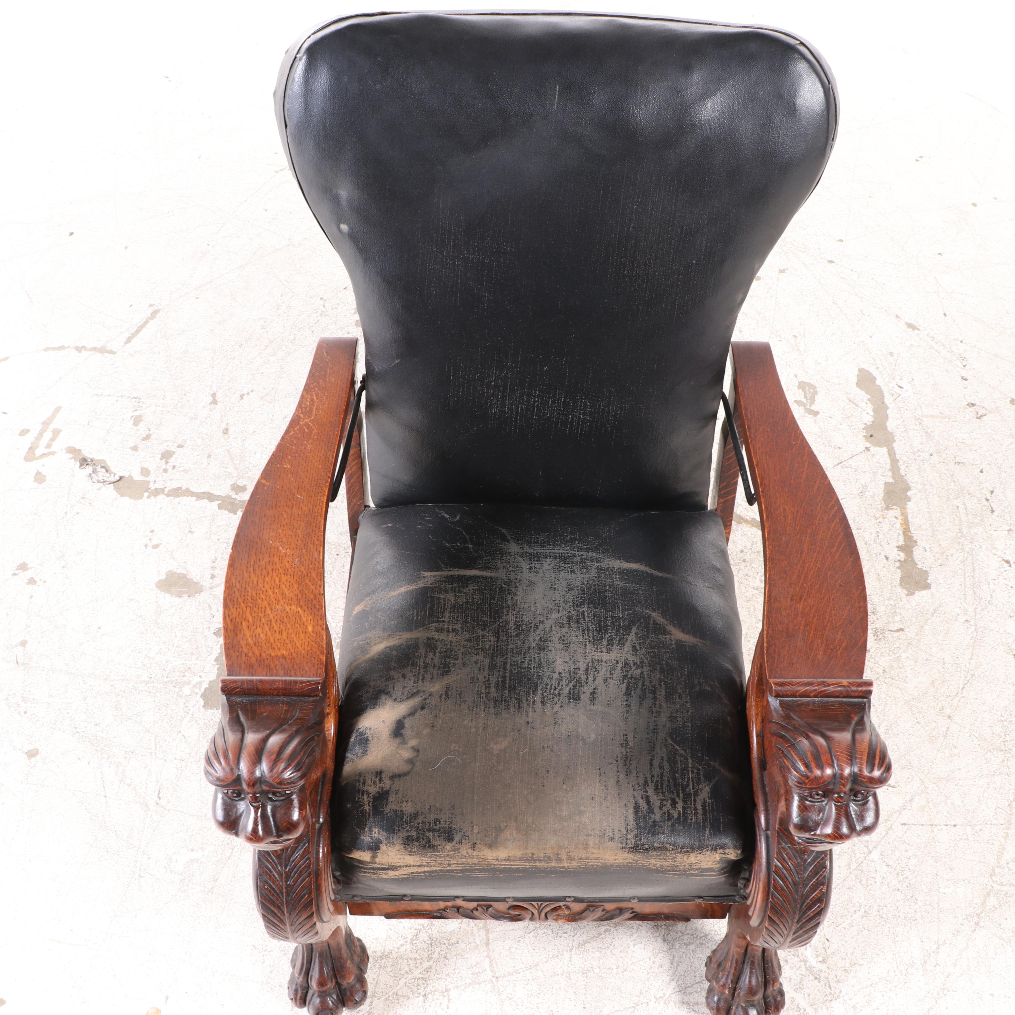 Carved Oak and Leather Upholstered Reclining Morris Chair, Late 19th Century