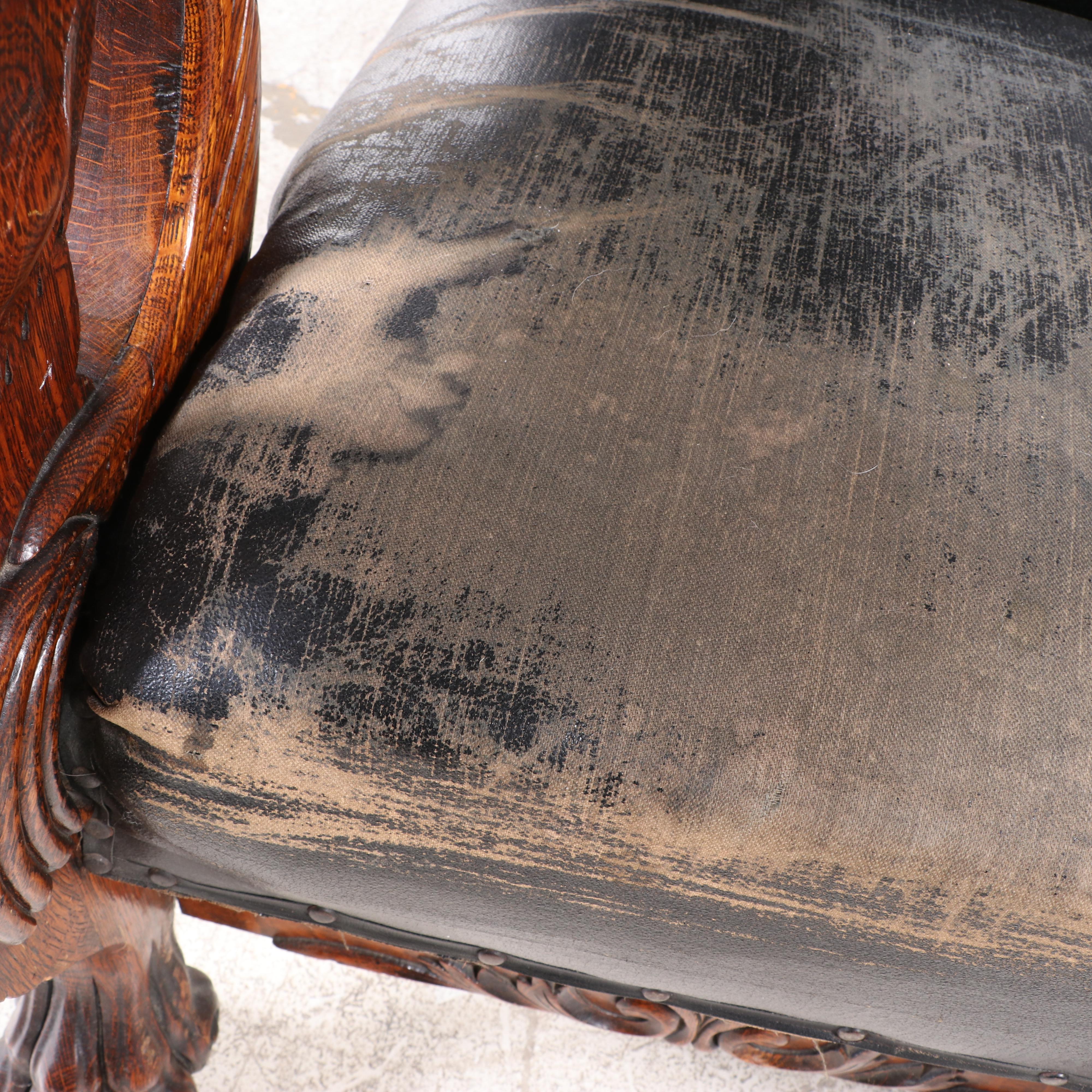 Carved Oak and Leather Upholstered Reclining Morris Chair, Late 19th Century