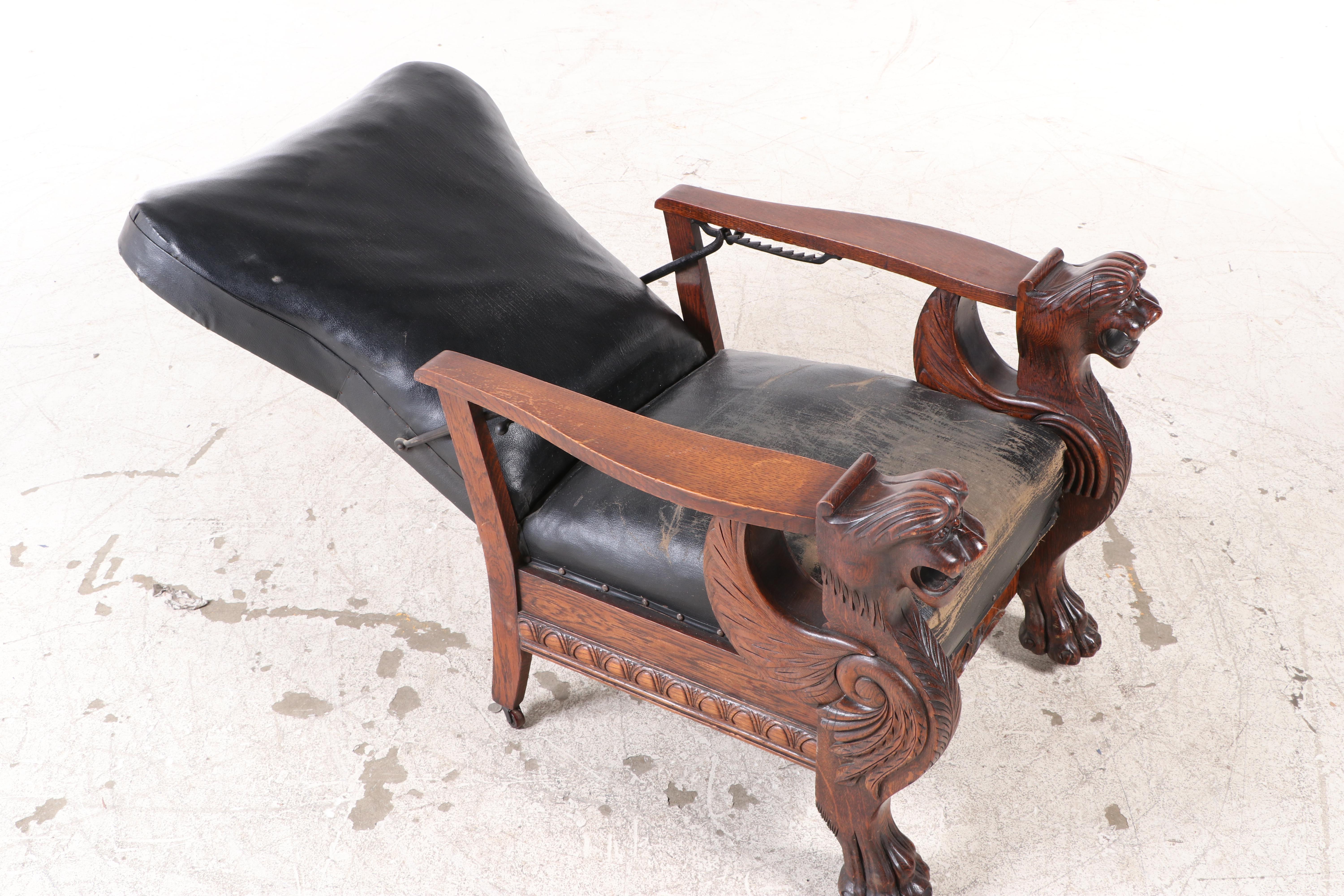 Carved Oak and Leather Upholstered Reclining Morris Chair, Late 19th Century