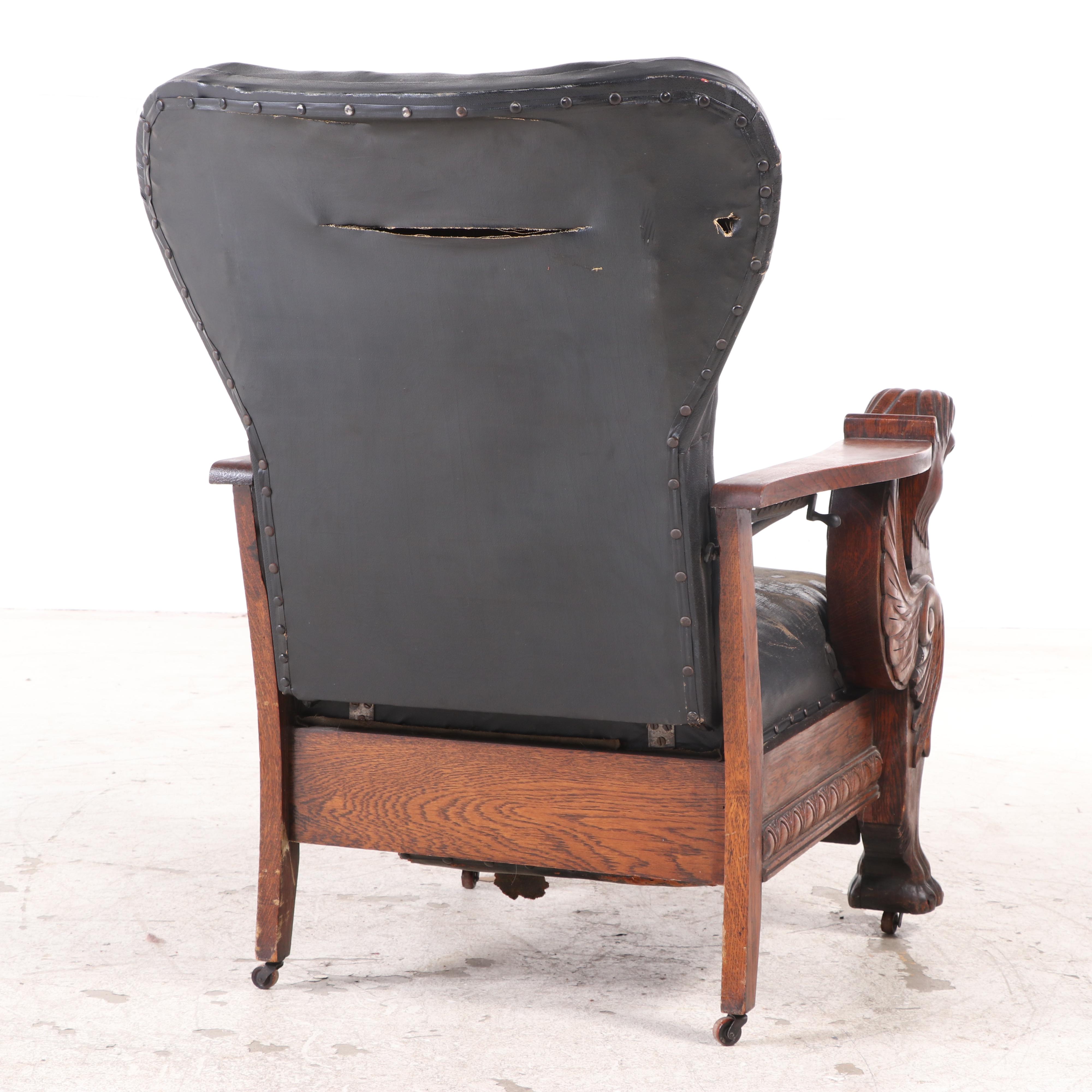 Carved Oak and Leather Upholstered Reclining Morris Chair, Late 19th Century