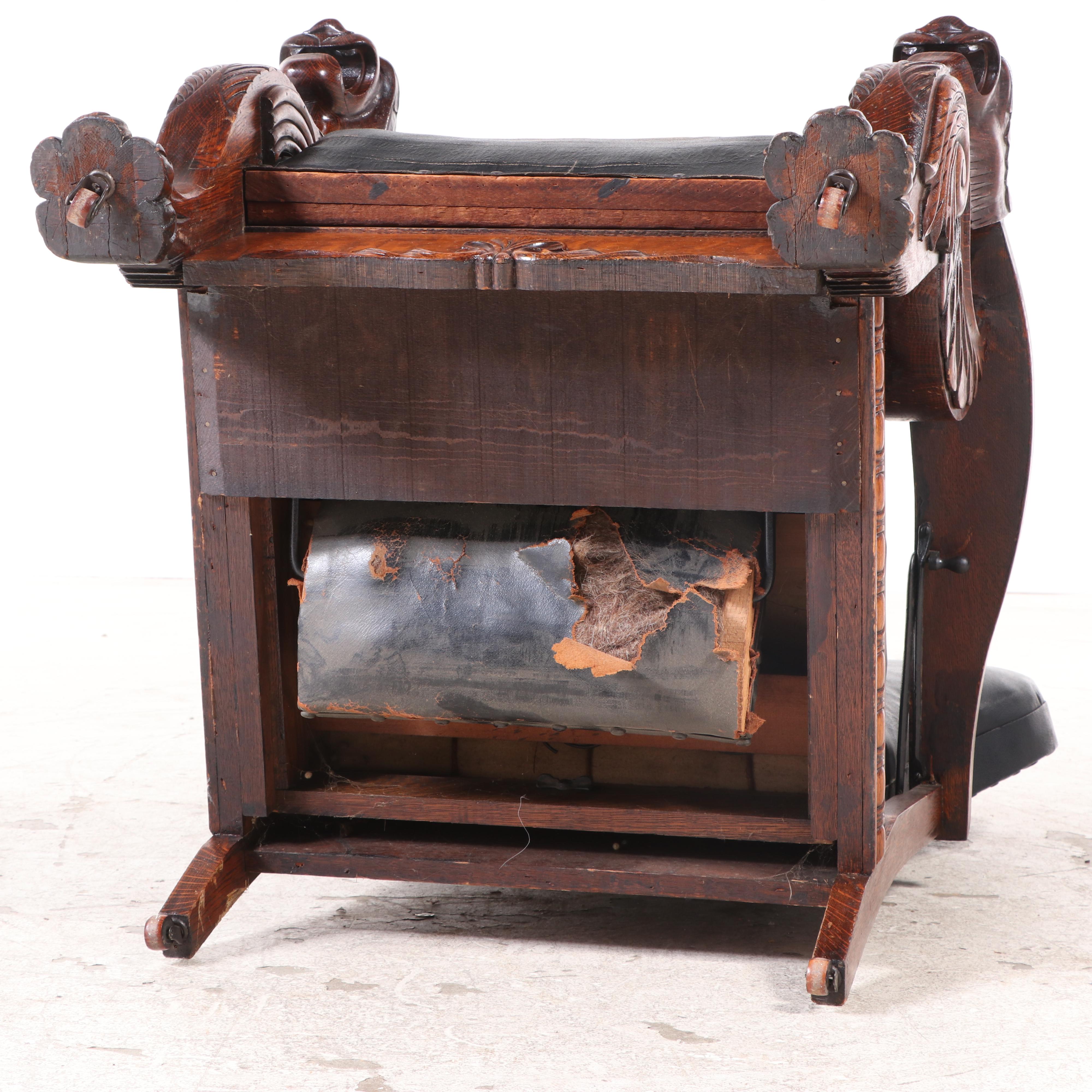 Carved Oak and Leather Upholstered Reclining Morris Chair, Late 19th Century