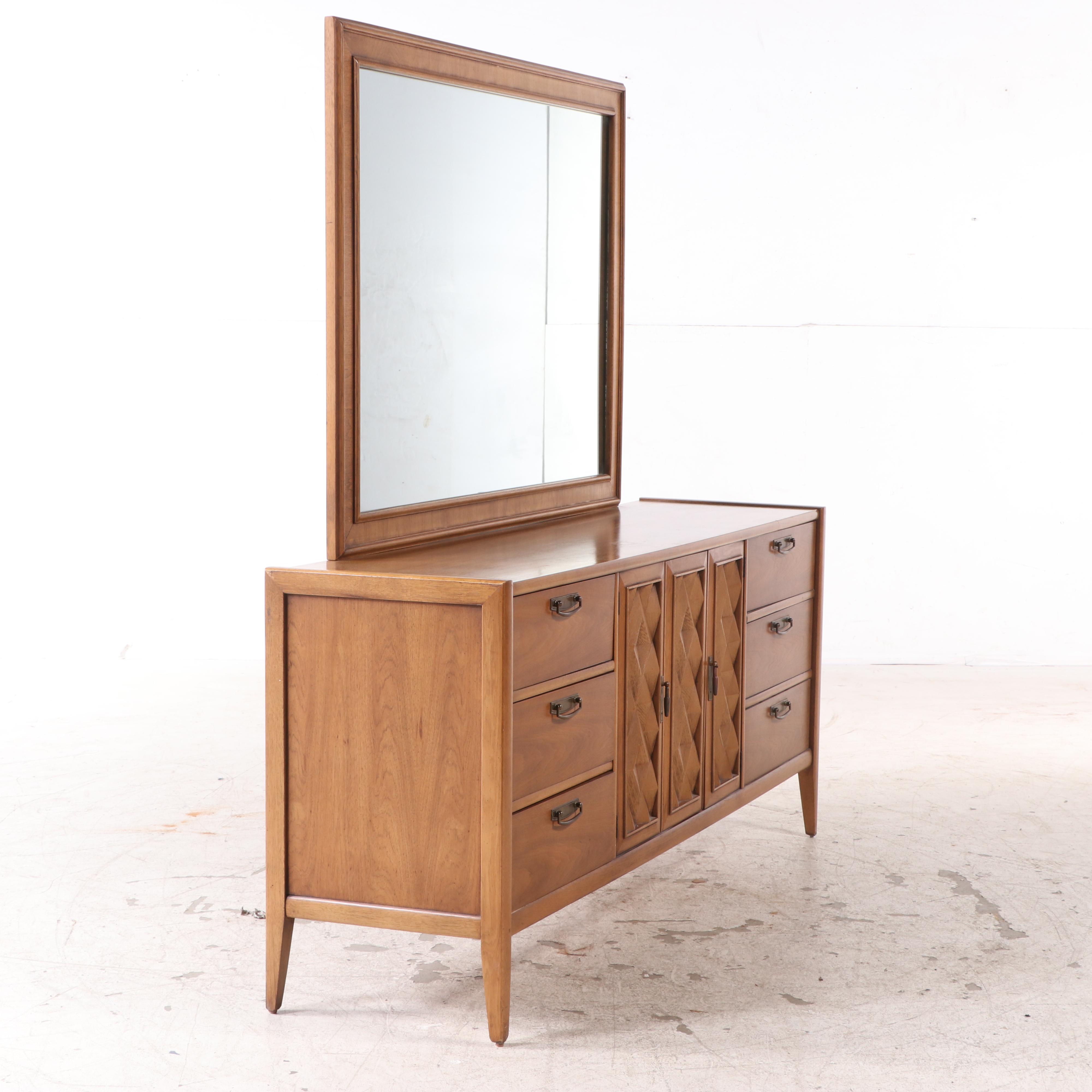 Broyhill Premier "Diamond Head" Mid Century Modern Pecan Nine-Drawer Dresser