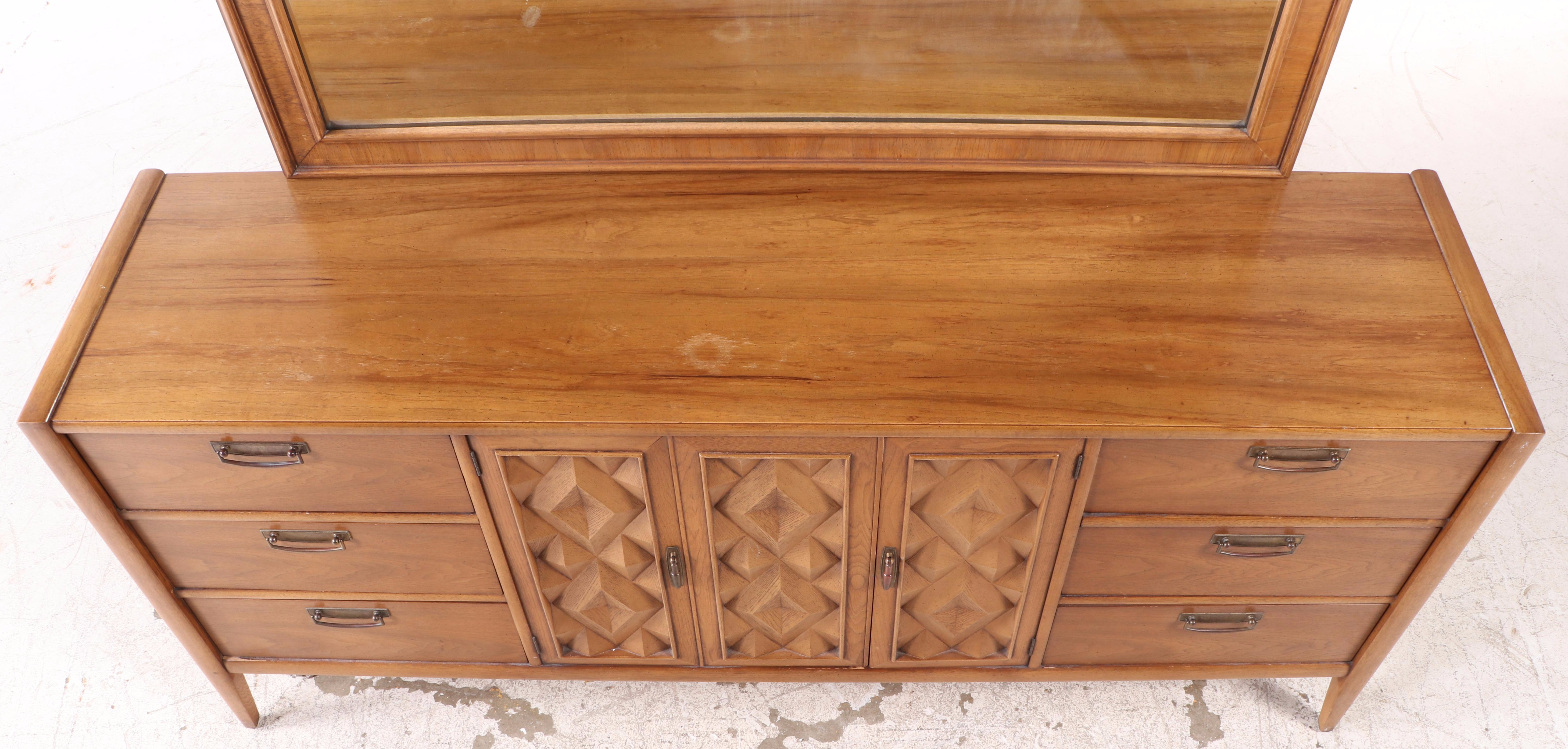 Broyhill Premier "Diamond Head" Mid Century Modern Pecan Nine-Drawer Dresser