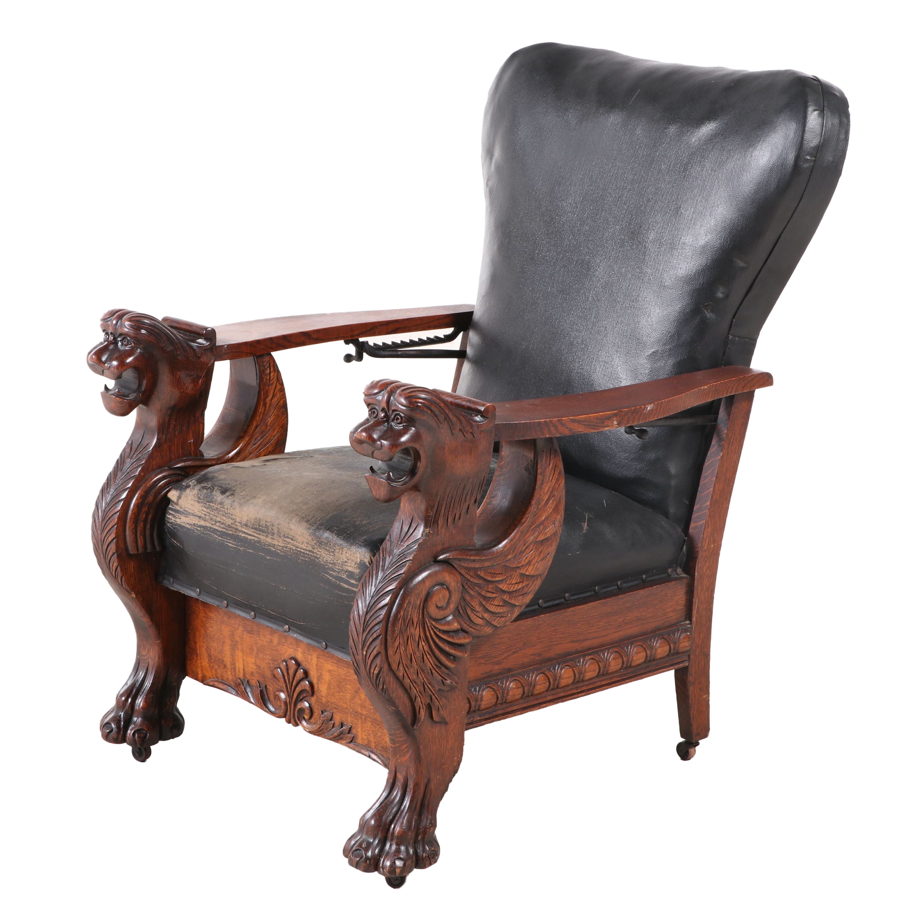 Carved Oak and Leather Upholstered Reclining Morris Chair, Late 19th Century