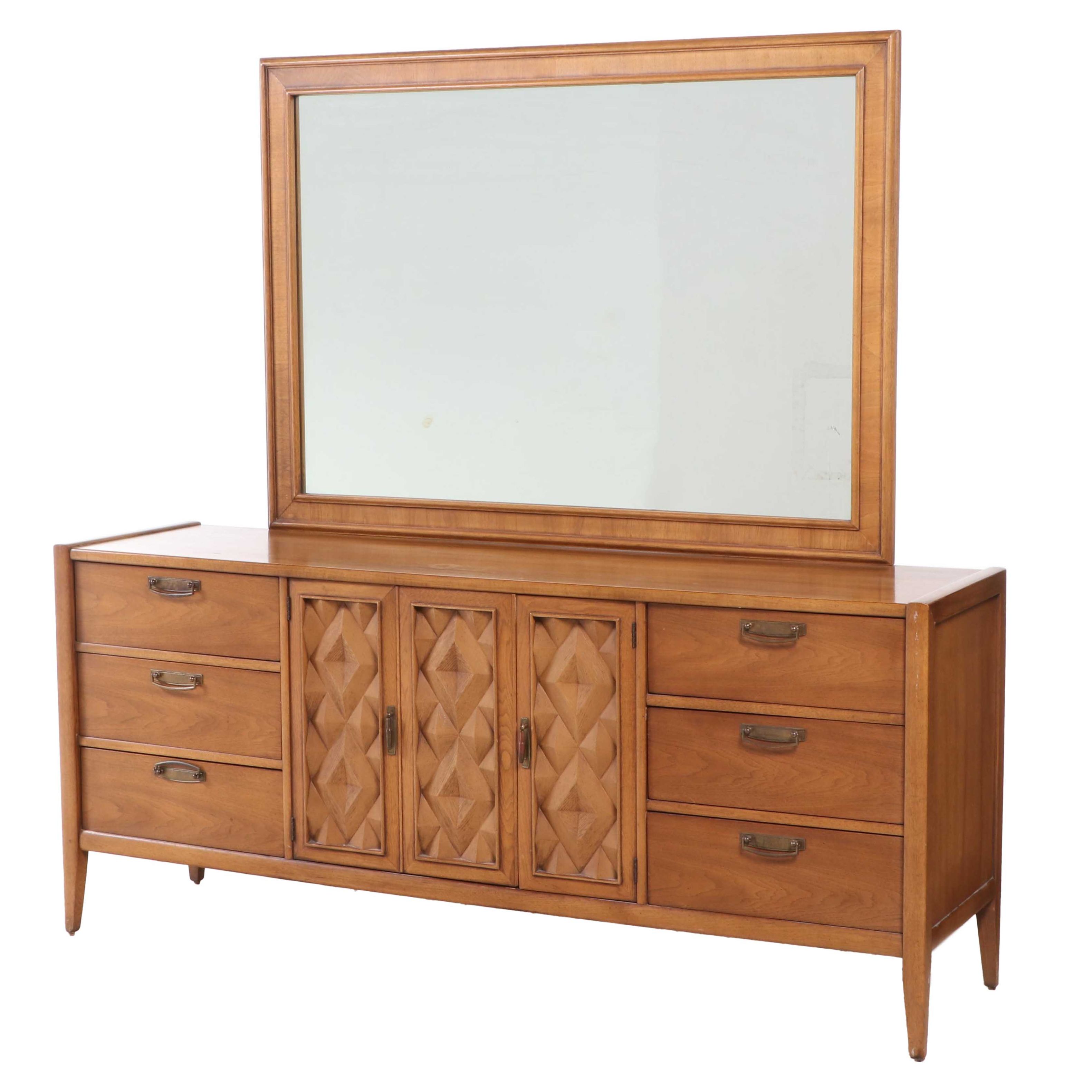 Broyhill Premier "Diamond Head" Mid Century Modern Pecan Nine-Drawer Dresser
