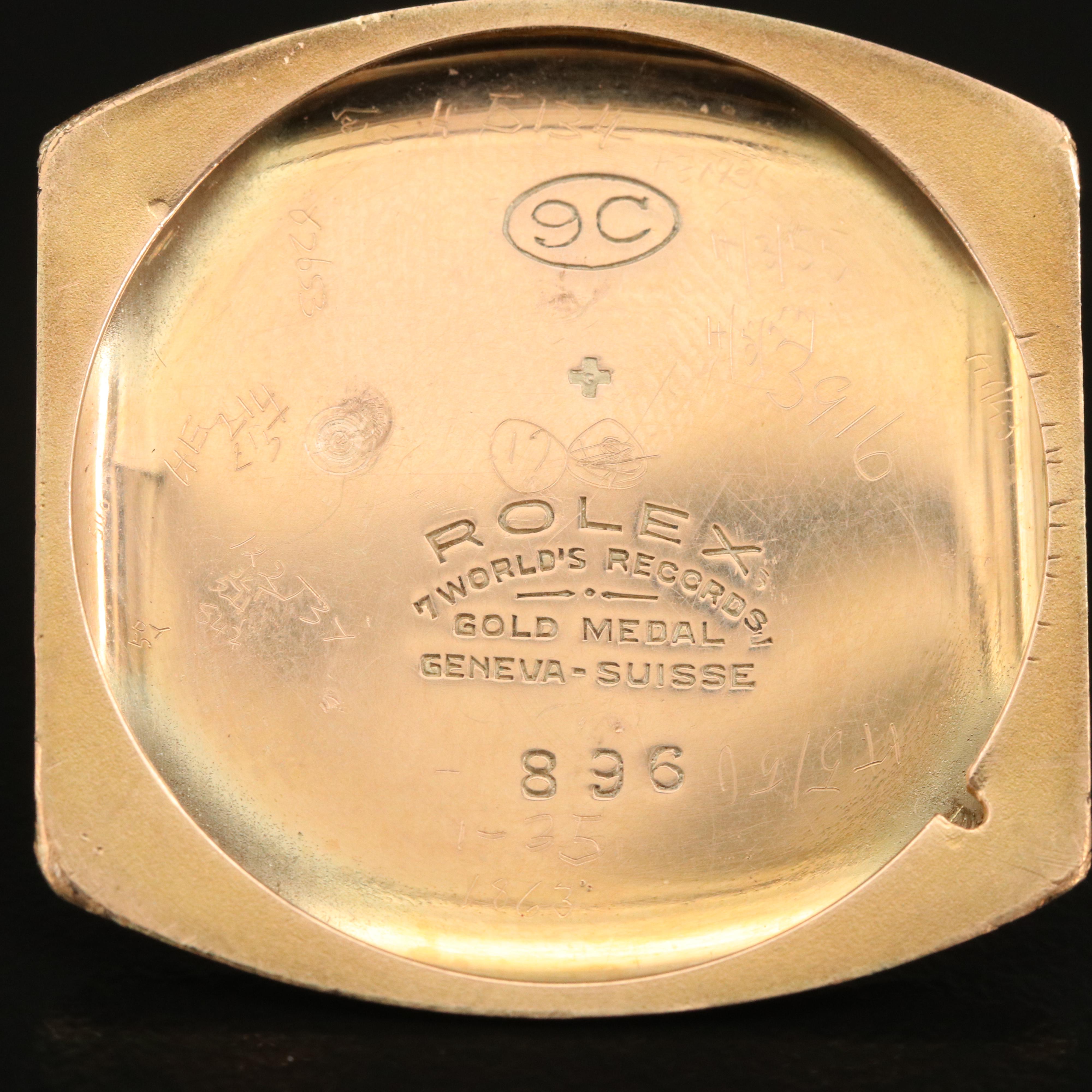 Rolex 9K Rose Gold Stem Wind Cushion Shaped Watch