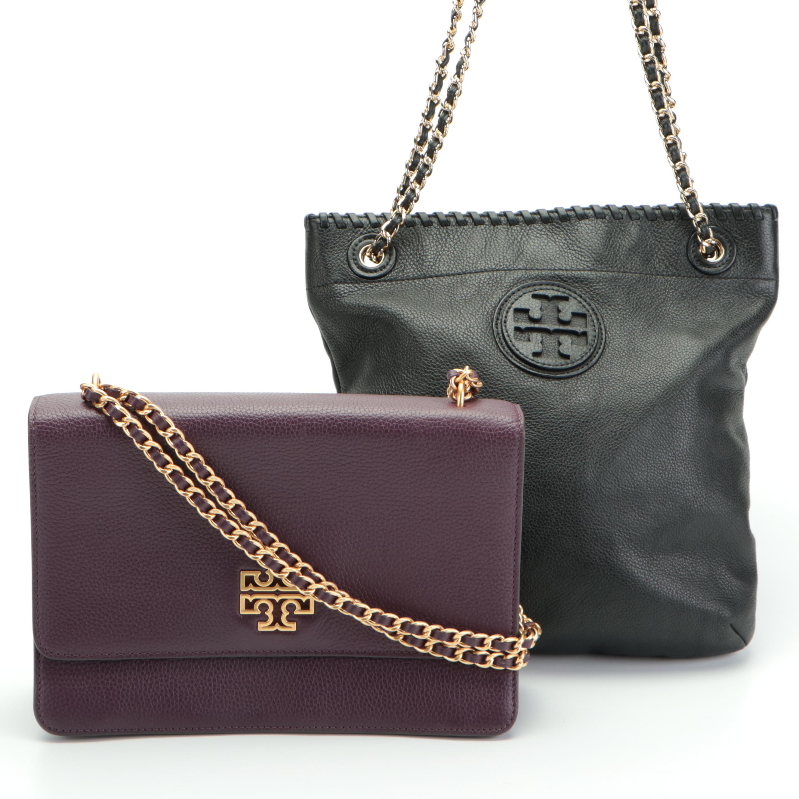 Tory Burch Shoulder Bags in Aubergine and Black Leather Interwoven Chain Straps