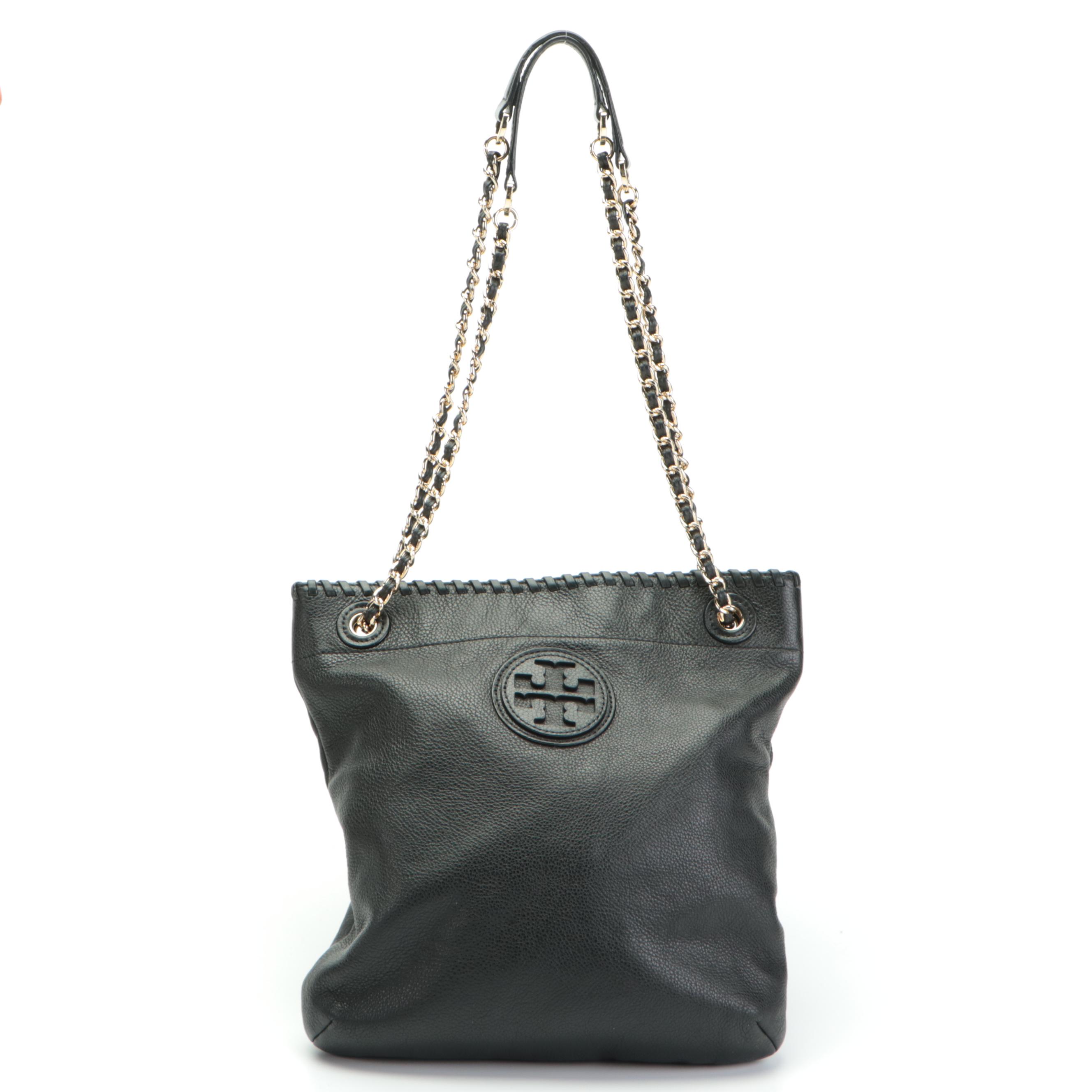 Tory Burch Shoulder Bags in Aubergine and Black Leather Interwoven Chain Straps