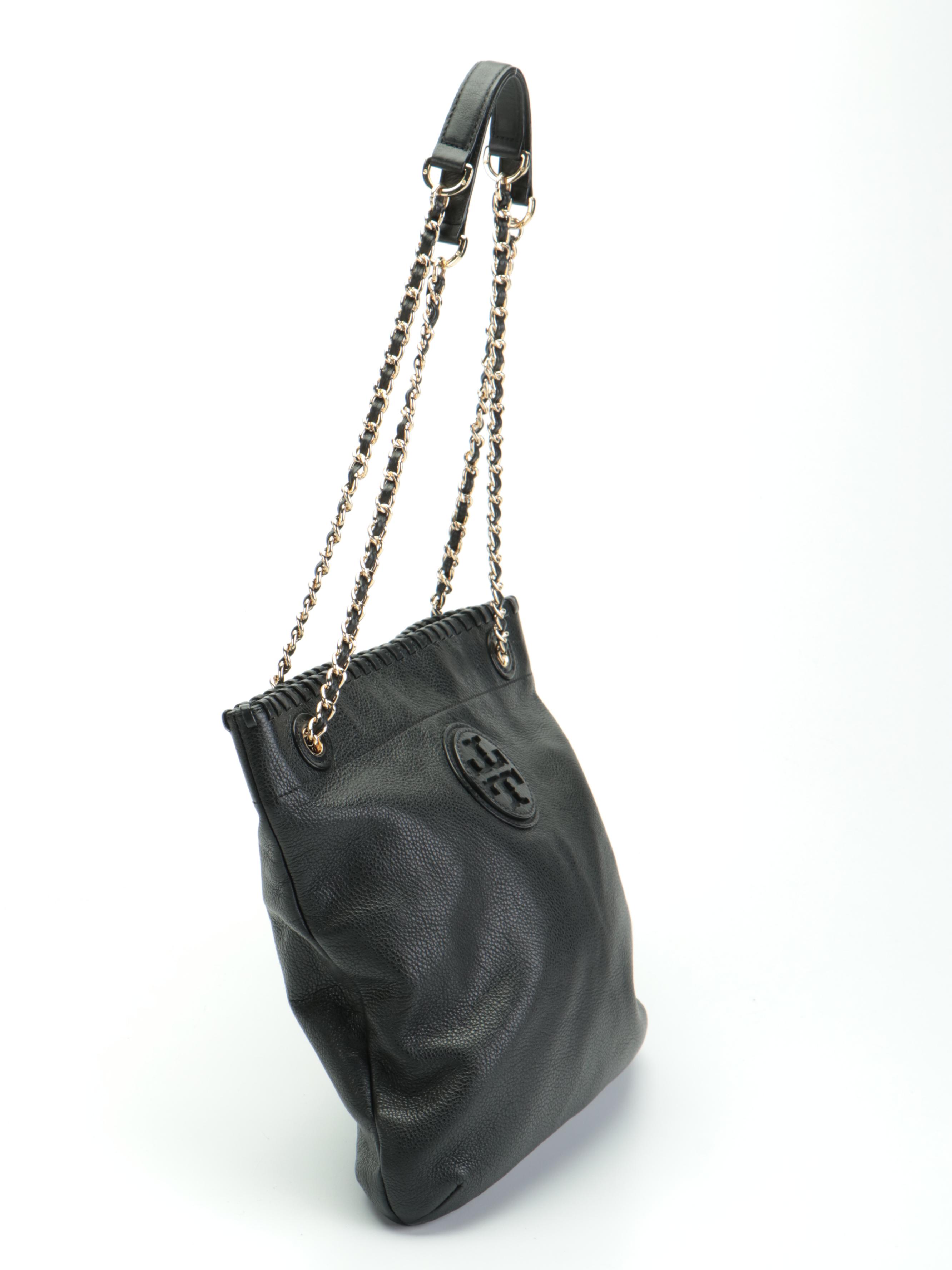 Tory Burch Shoulder Bags in Aubergine and Black Leather Interwoven Chain Straps