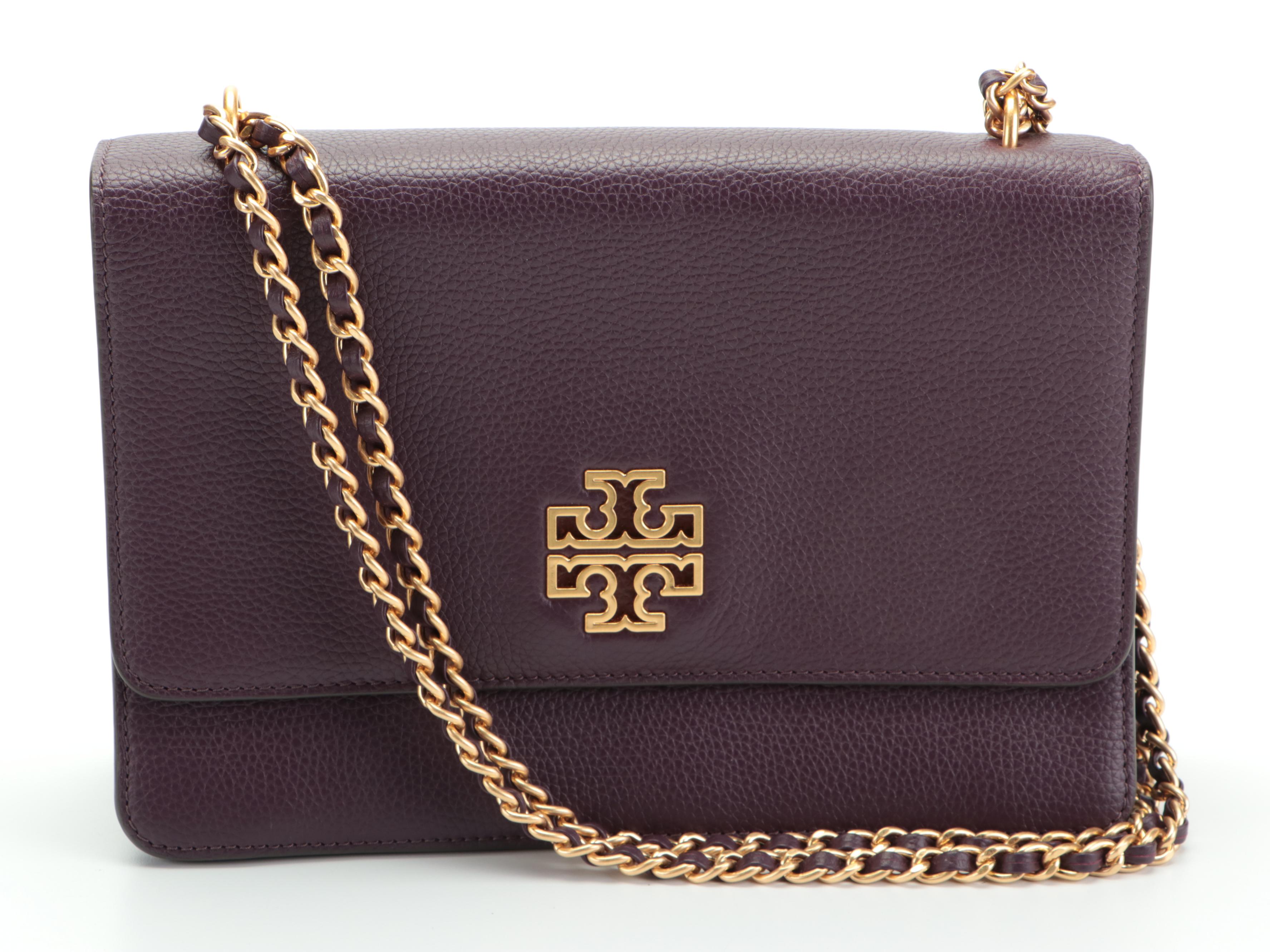 Tory Burch Shoulder Bags in Aubergine and Black Leather Interwoven Chain Straps