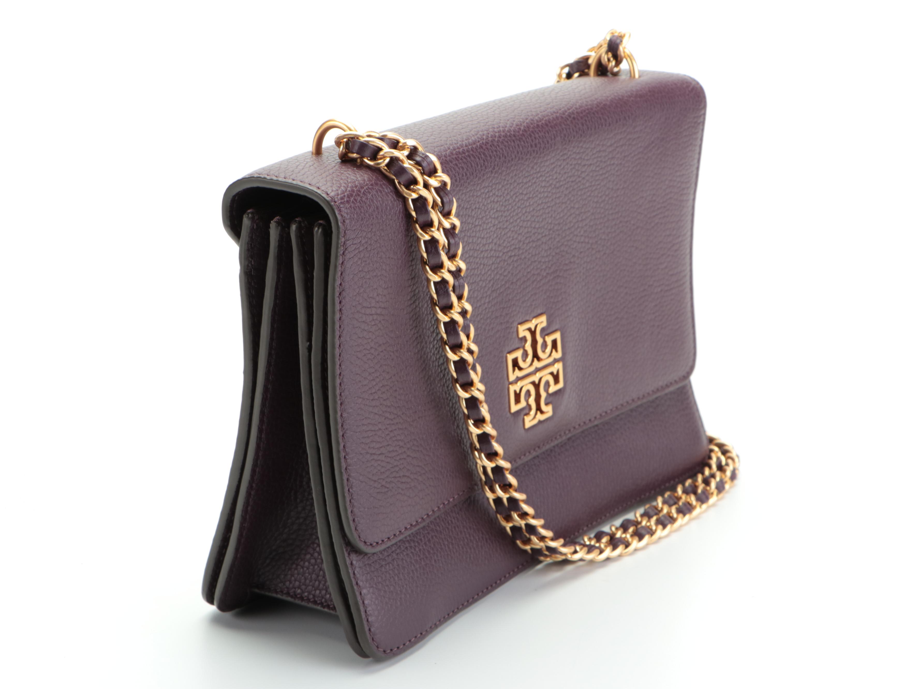 Tory Burch Shoulder Bags in Aubergine and Black Leather Interwoven Chain Straps
