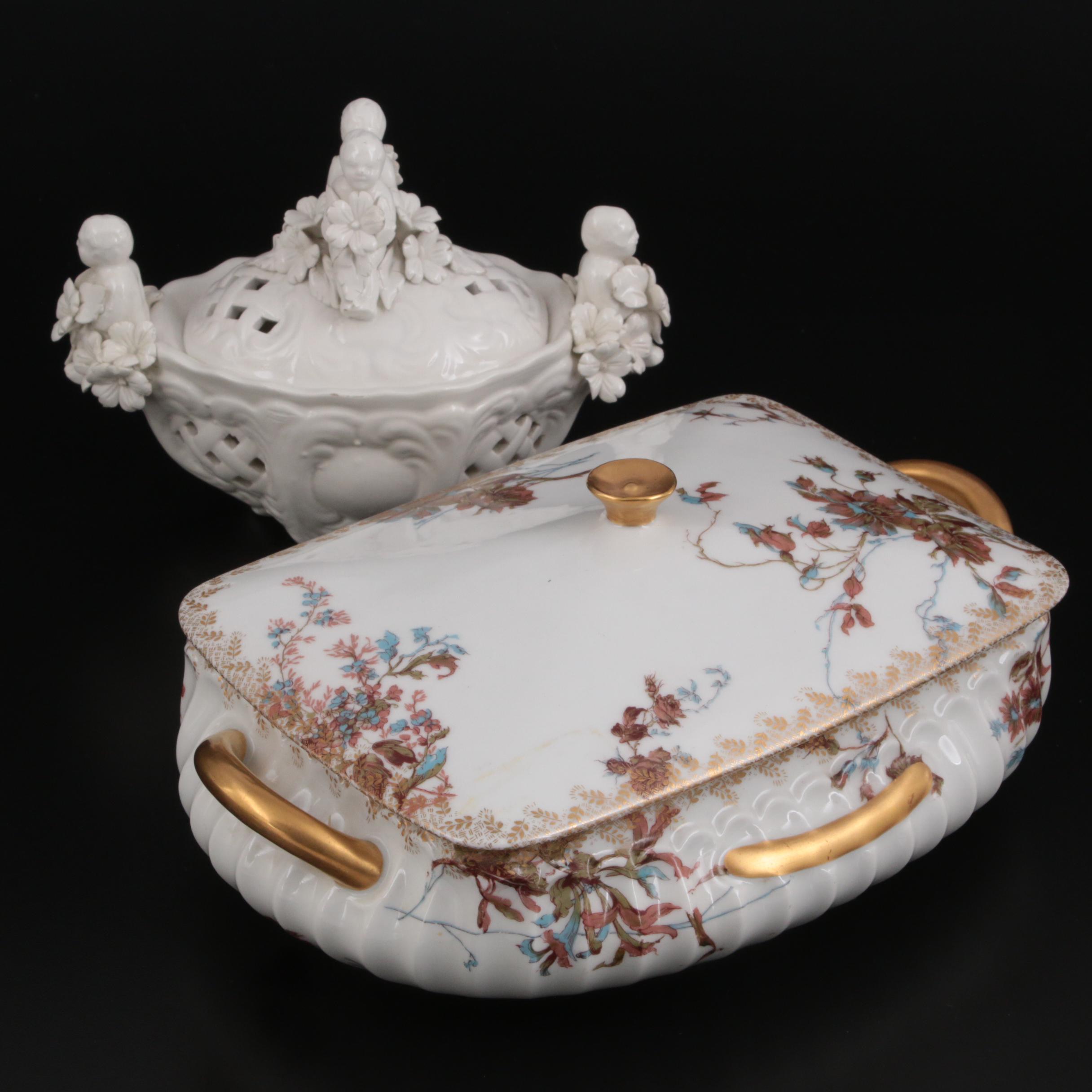 Haviland Limoges Porcelain Covered Serving Dish and Italian Bonbon Dish
