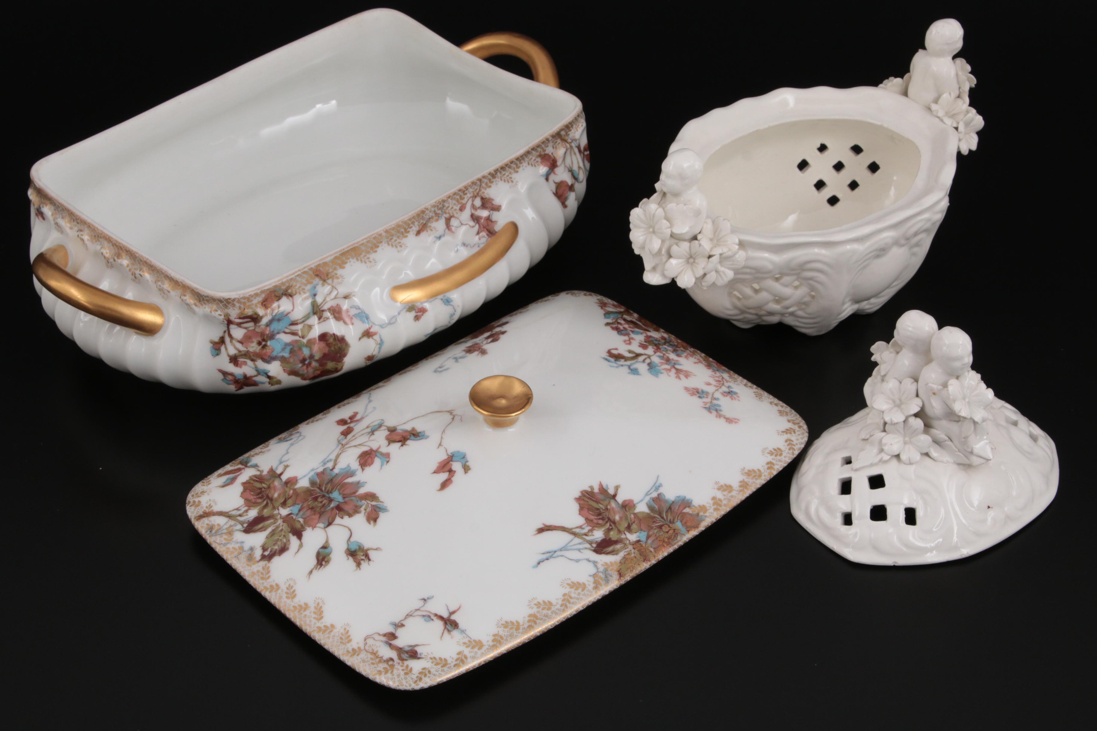 Haviland Limoges Porcelain Covered Serving Dish and Italian Bonbon Dish