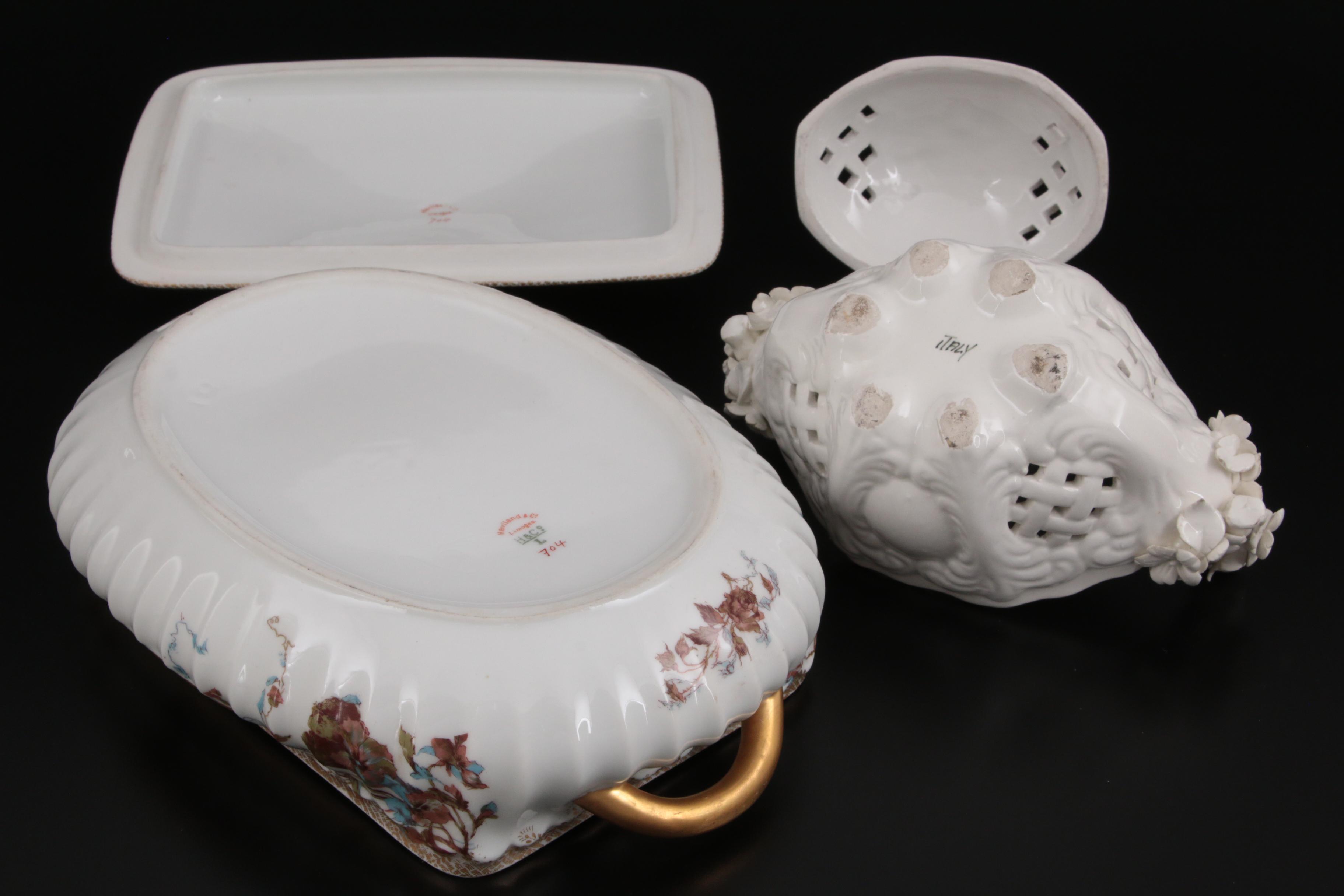 Haviland Limoges Porcelain Covered Serving Dish and Italian Bonbon Dish