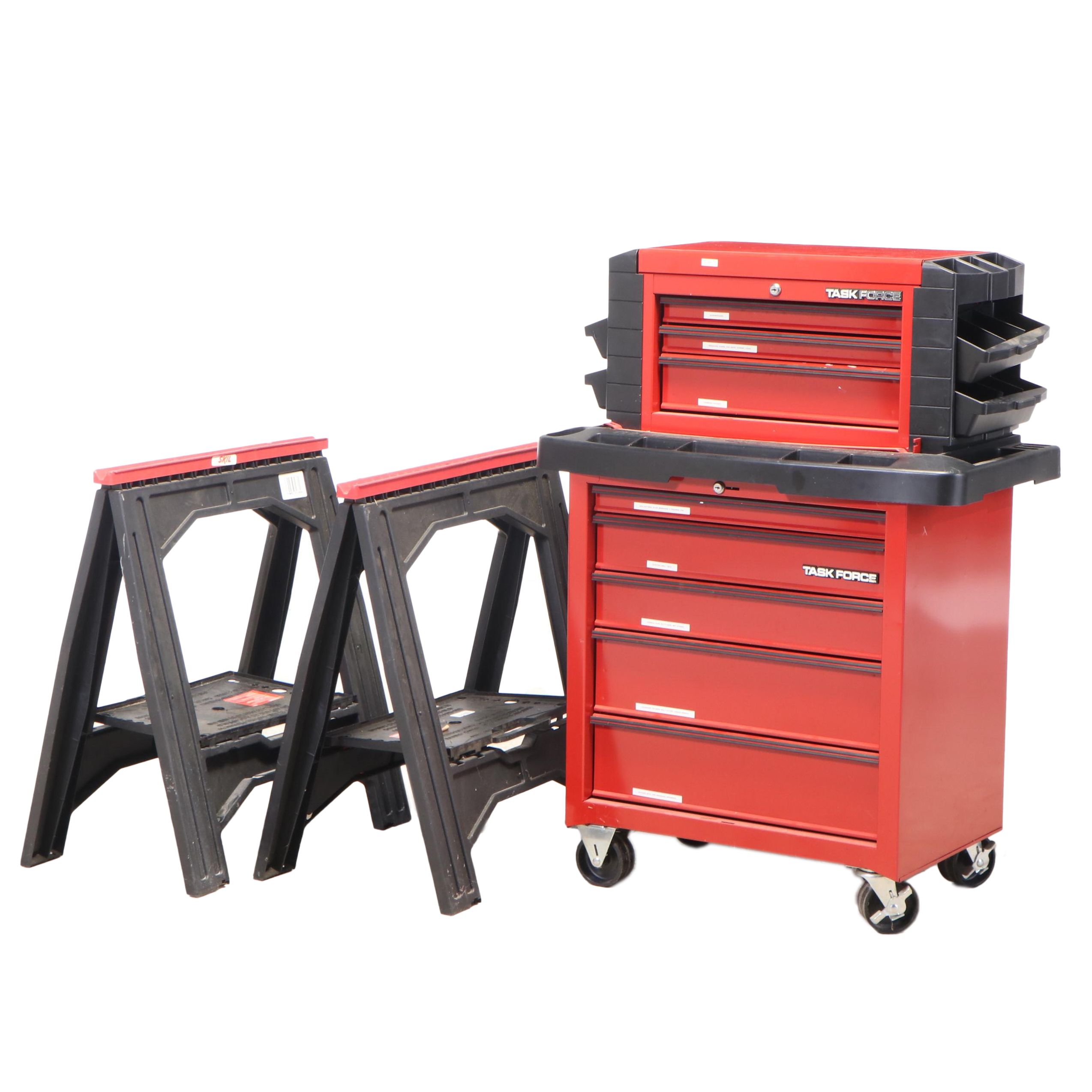 Task Force Tool Storage Cart with Tool Assortment and Skil Sawhorses