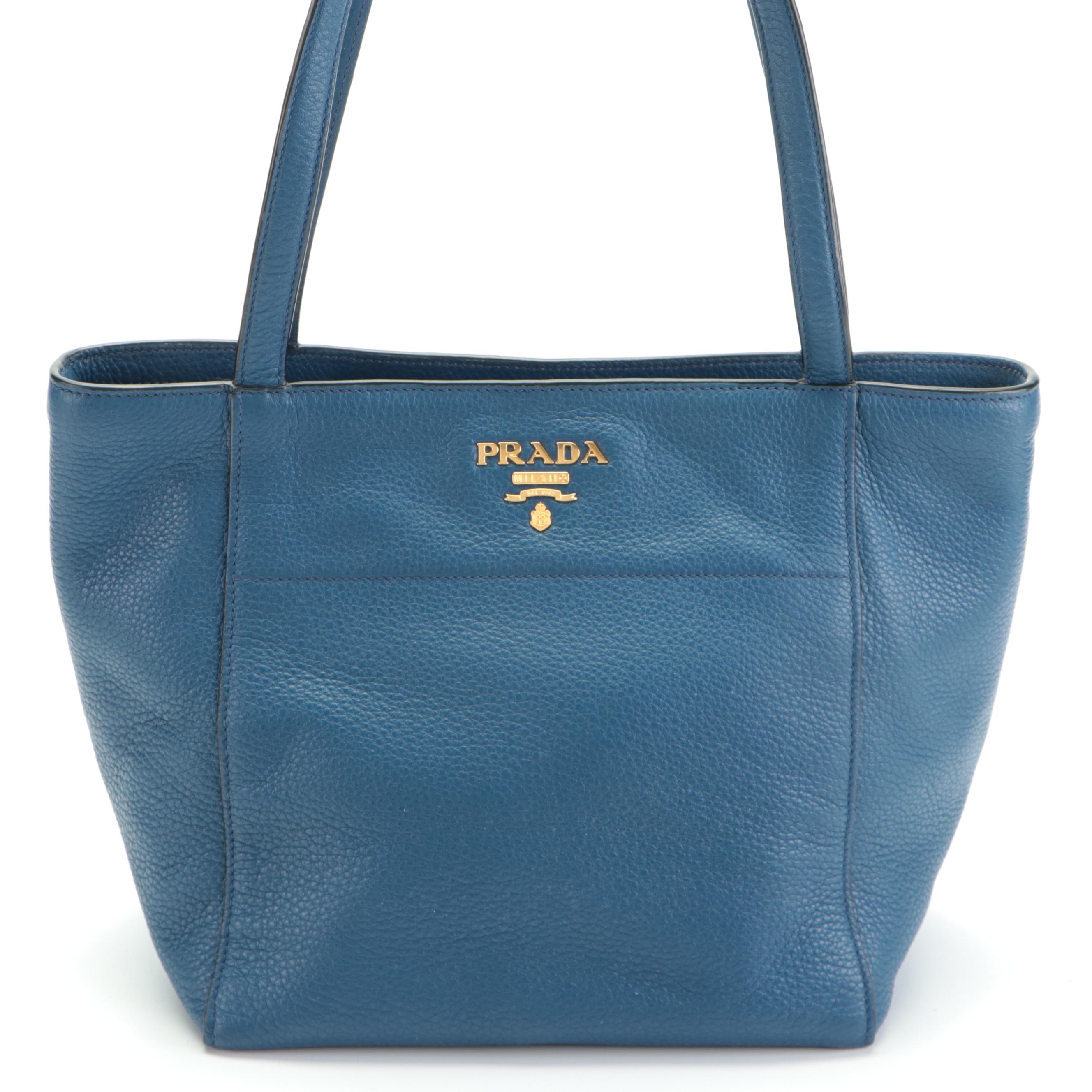 Prada Small Shoulder Tote in Blue Vitello Phenix Leather