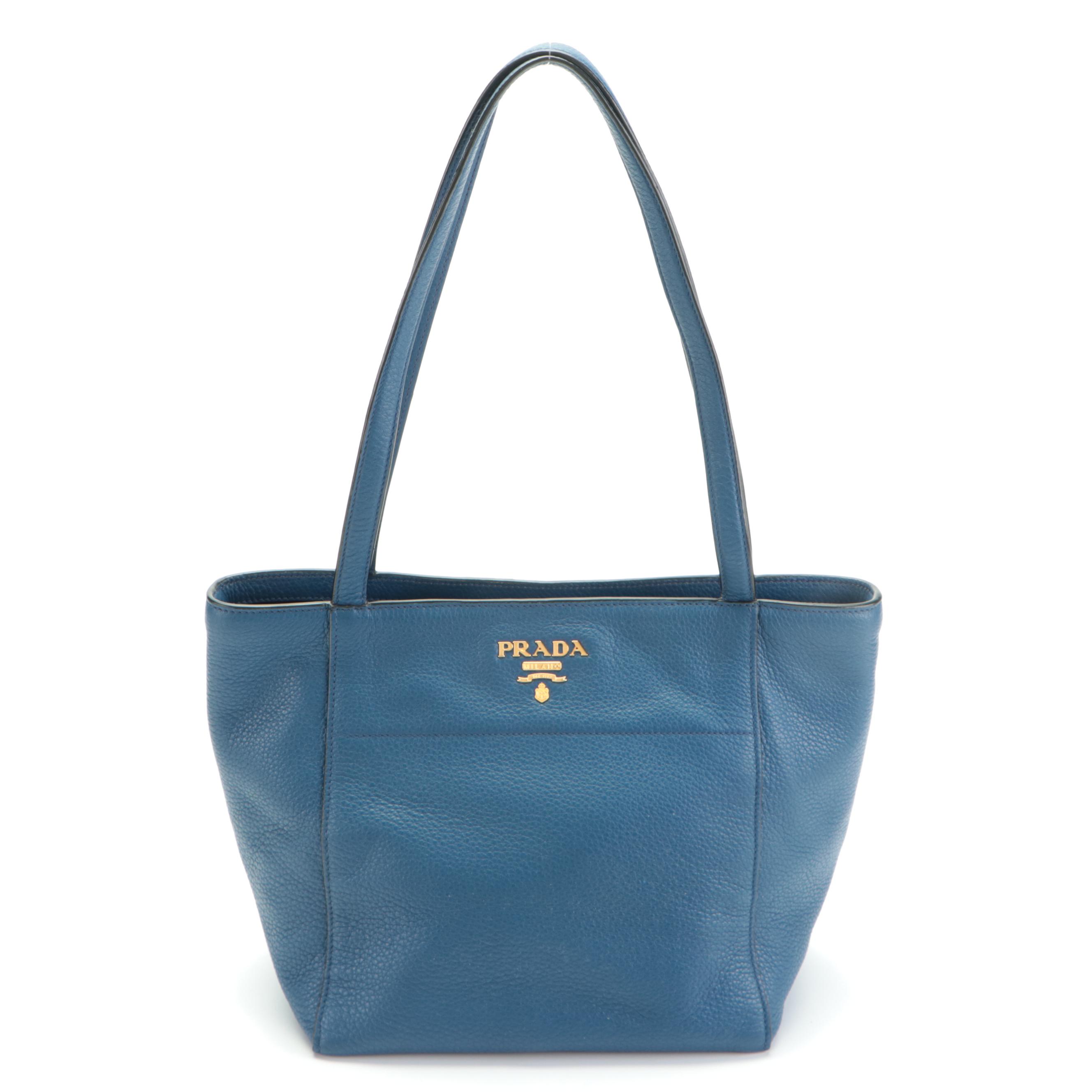 Prada Small Shoulder Tote in Blue Vitello Phenix Leather