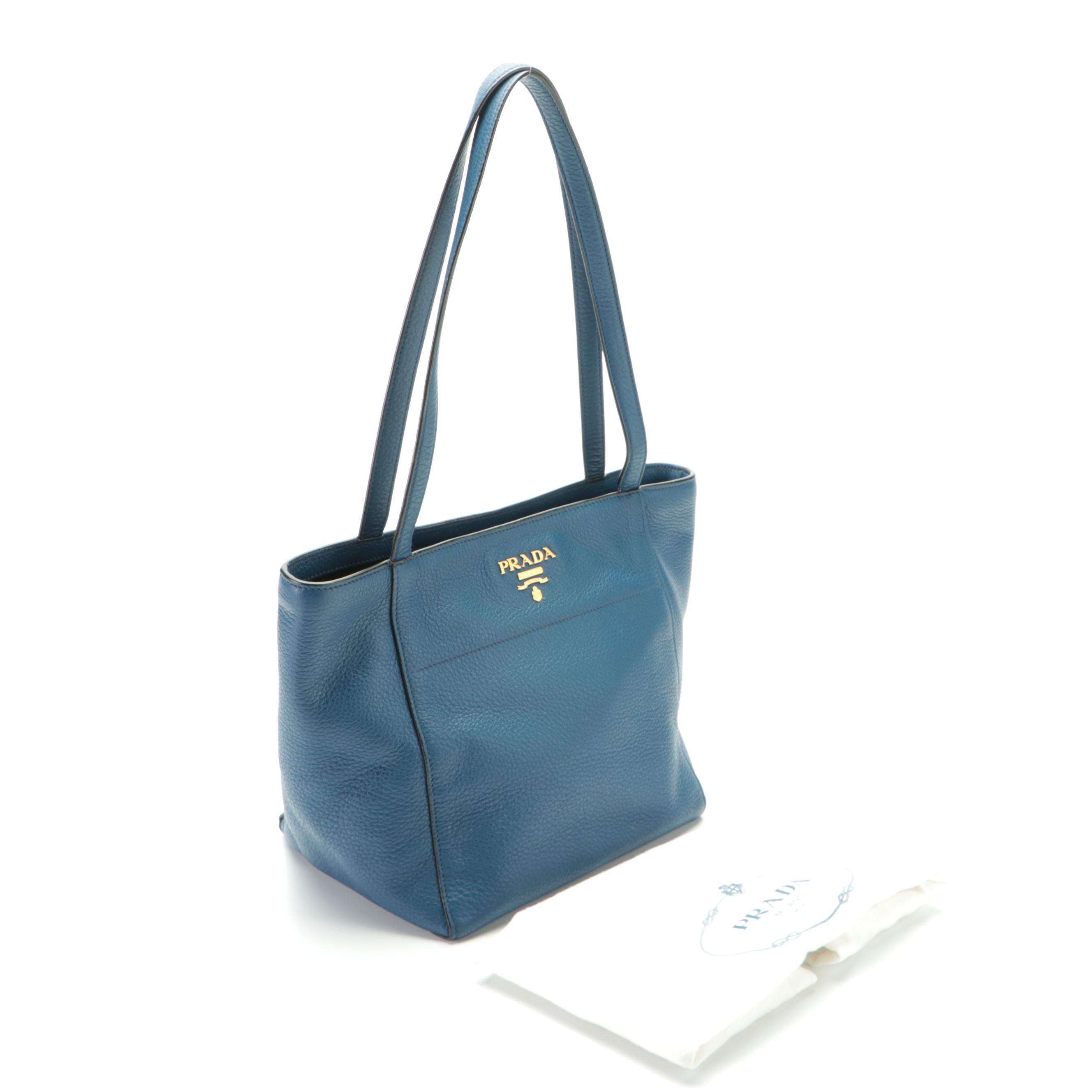 Prada Small Shoulder Tote in Blue Vitello Phenix Leather