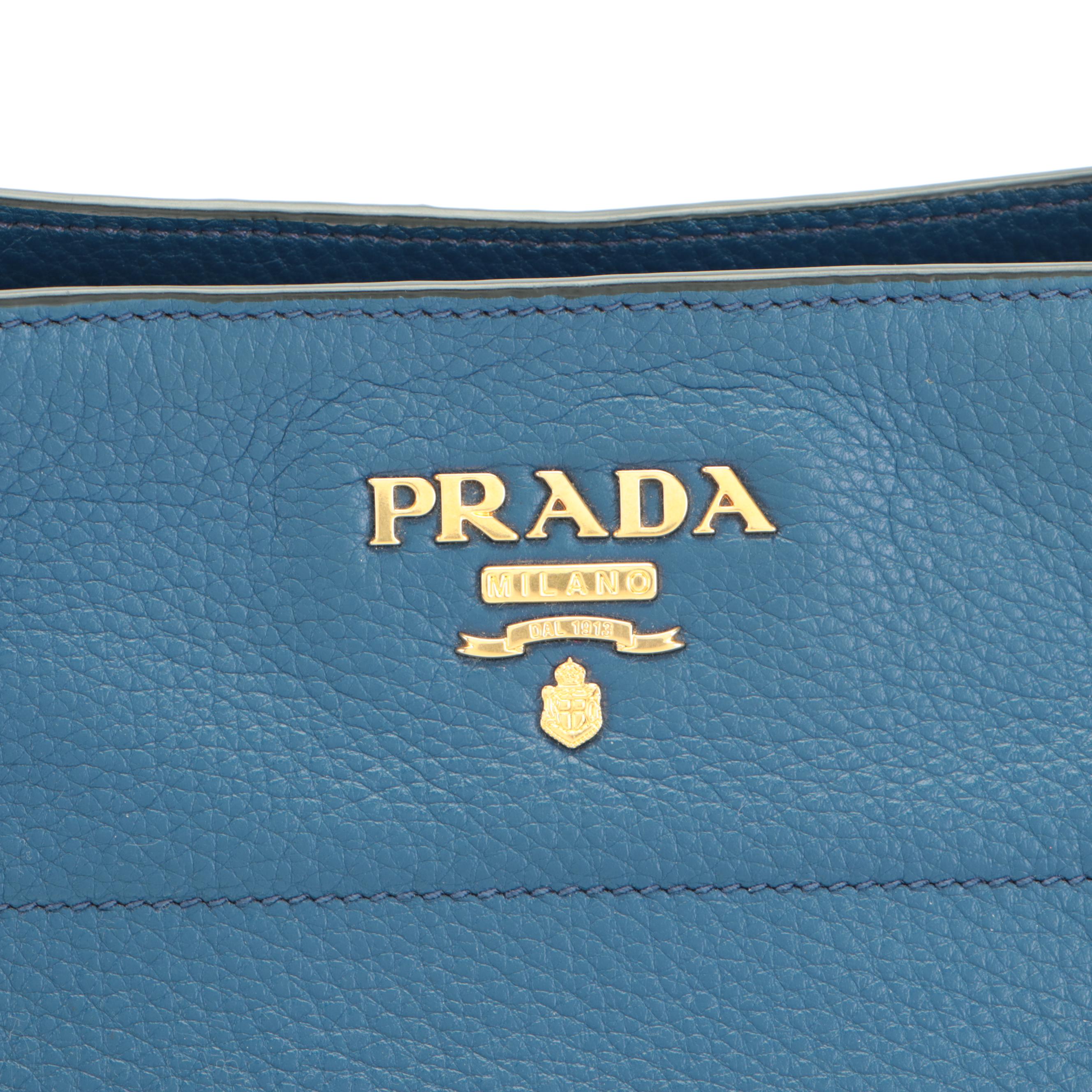 Prada Small Shoulder Tote in Blue Vitello Phenix Leather