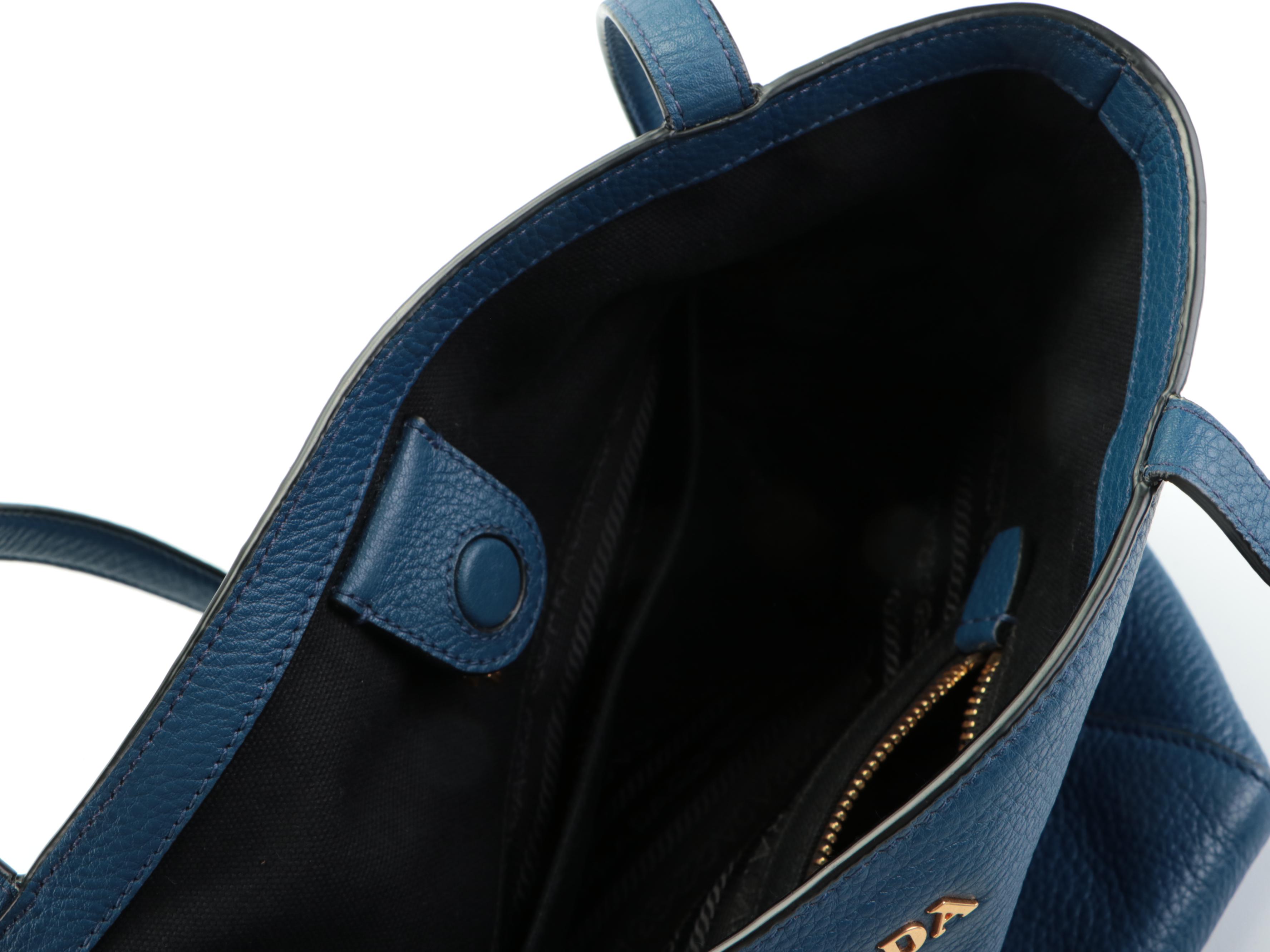 Prada Small Shoulder Tote in Blue Vitello Phenix Leather