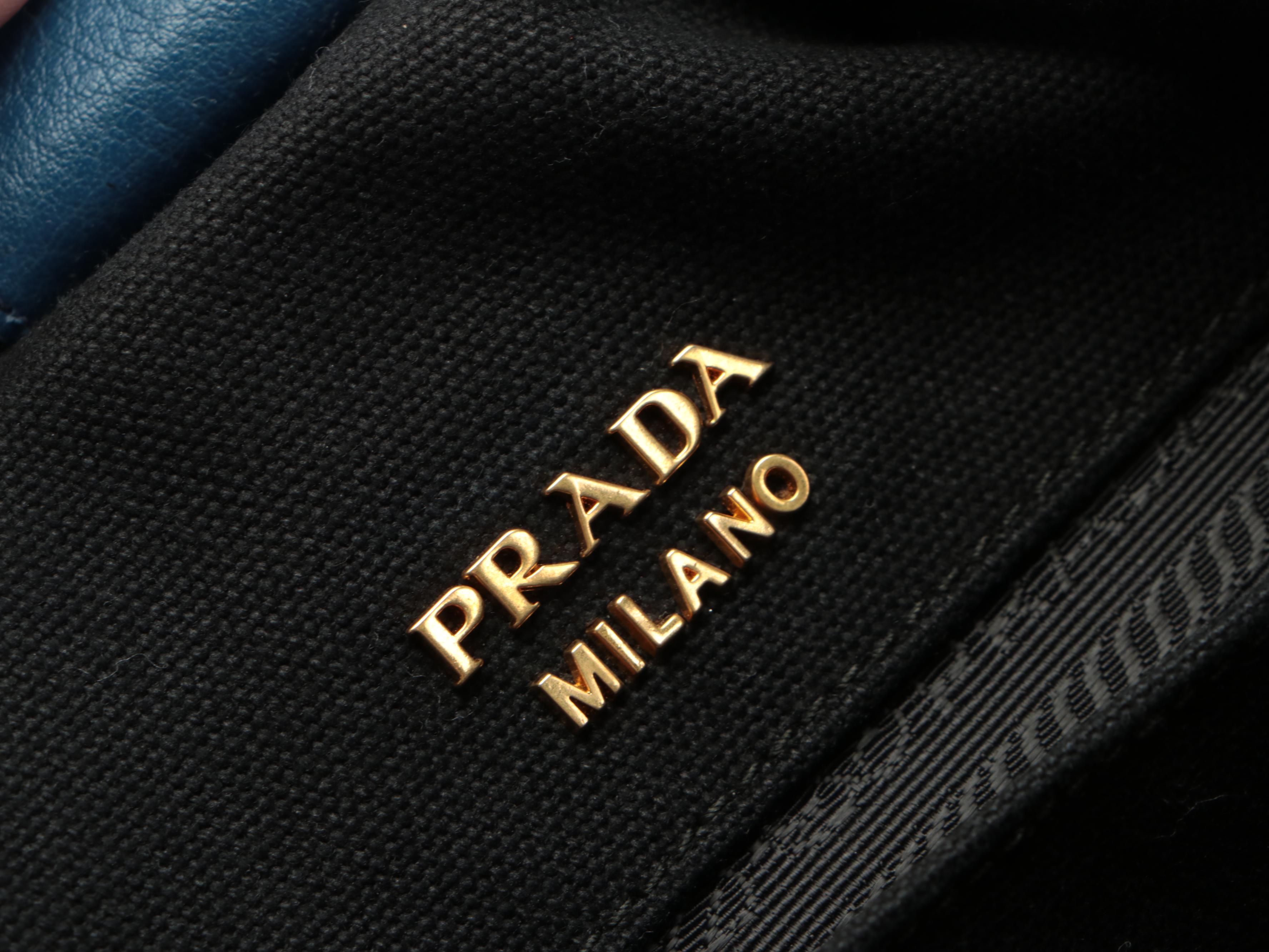 Prada Small Shoulder Tote in Blue Vitello Phenix Leather