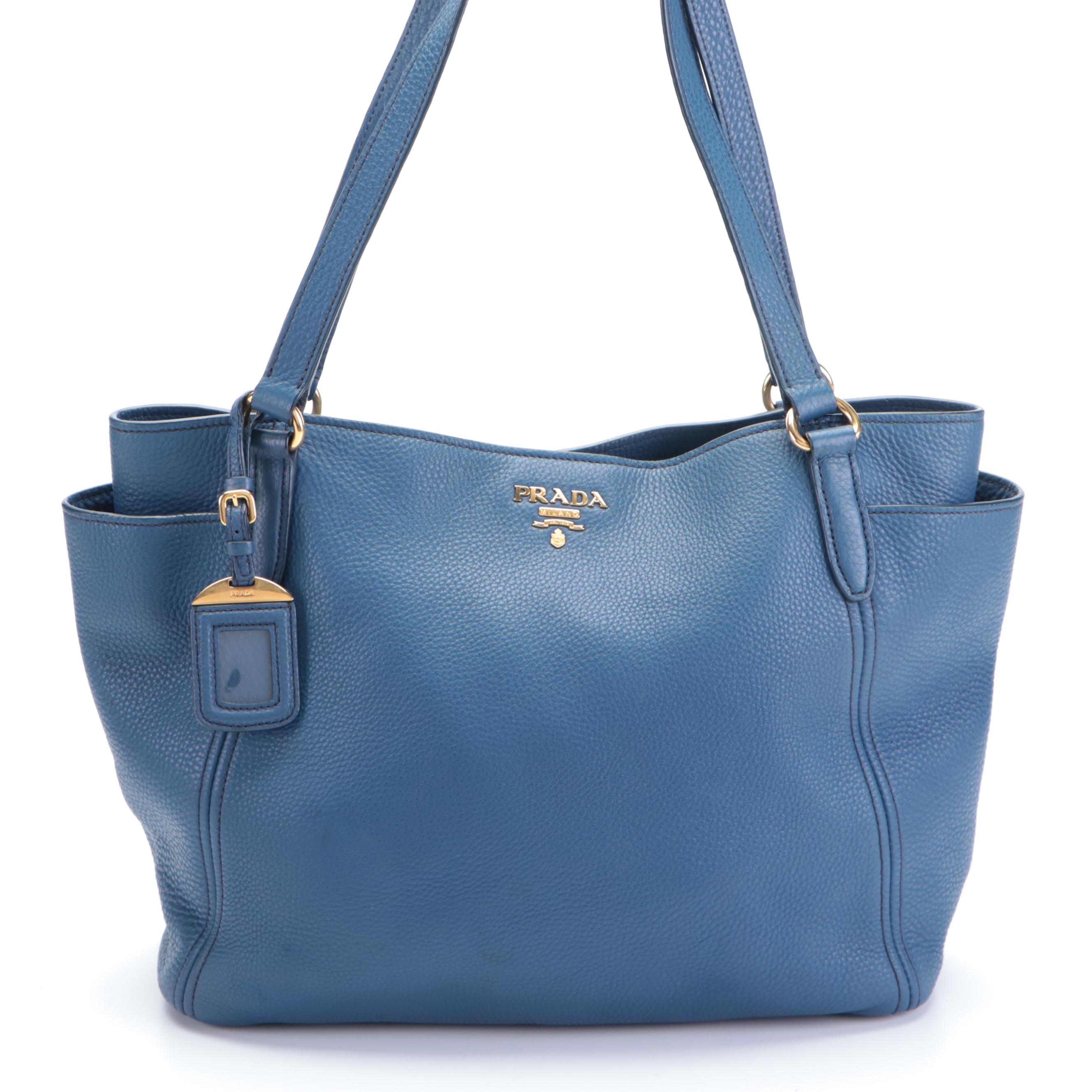 Prada Medium Side Pocket Tote in Blue Vitello Daino Leather