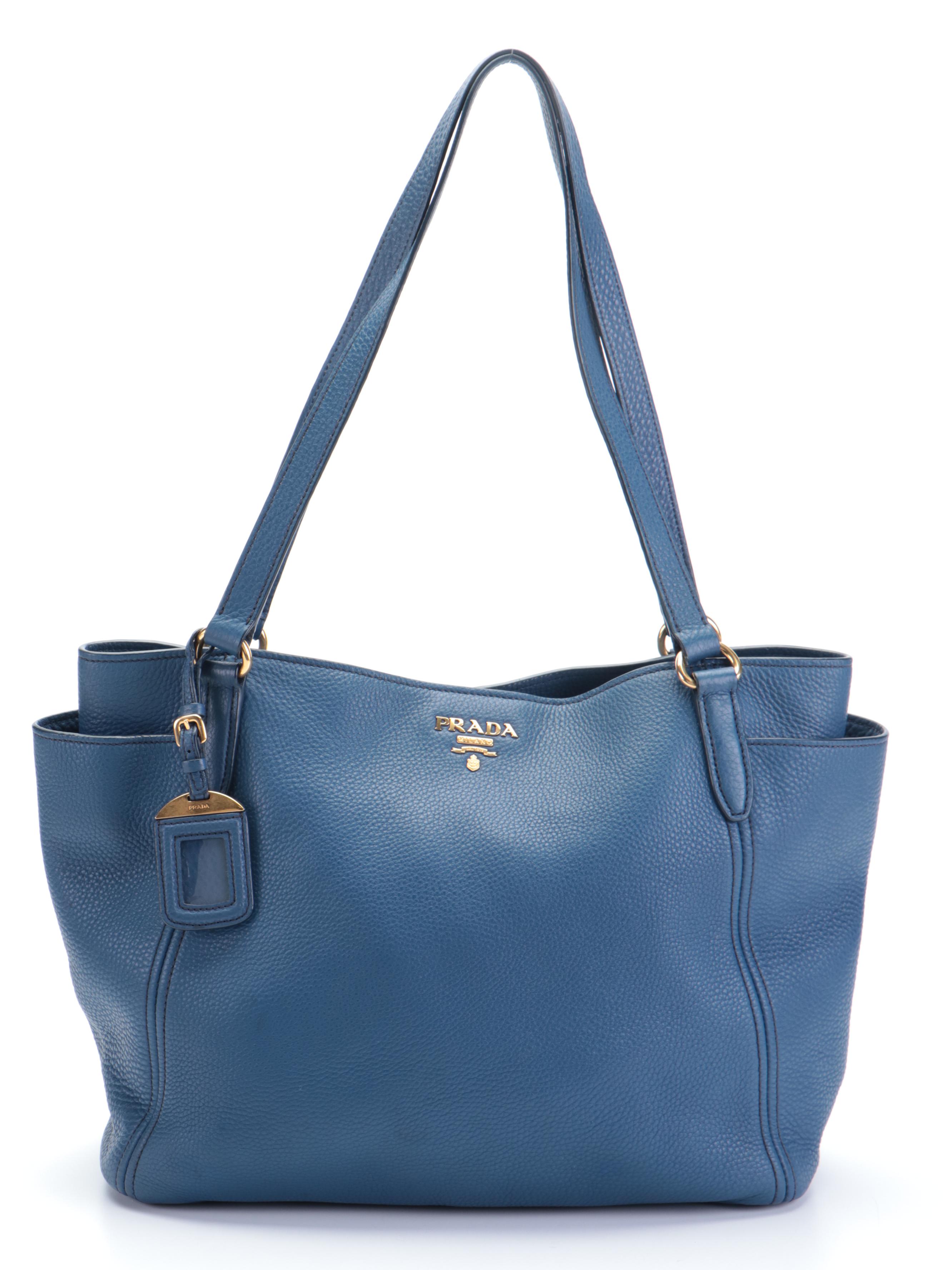 Prada Medium Side Pocket Tote in Blue Vitello Daino Leather