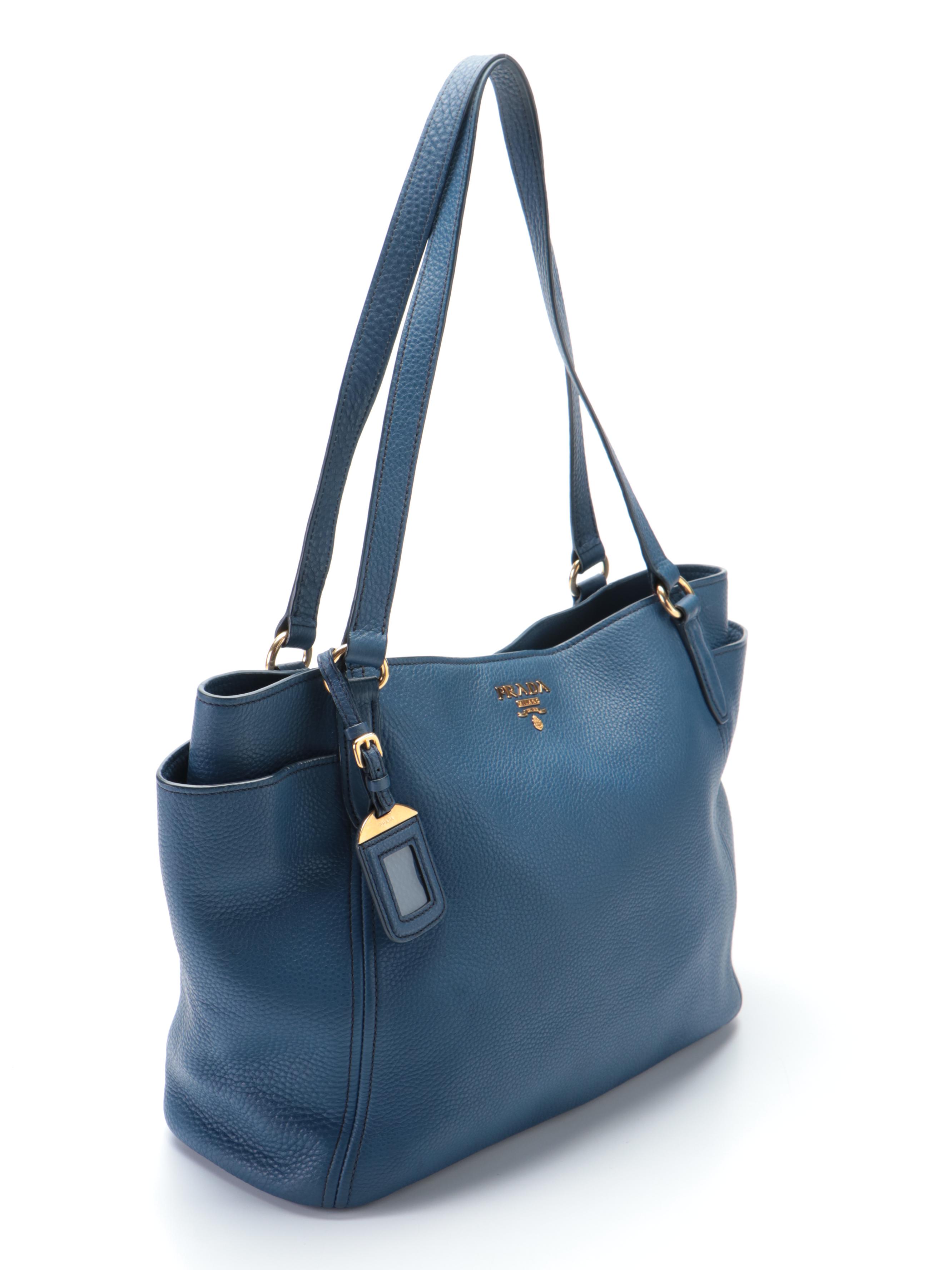 Prada Medium Side Pocket Tote in Blue Vitello Daino Leather