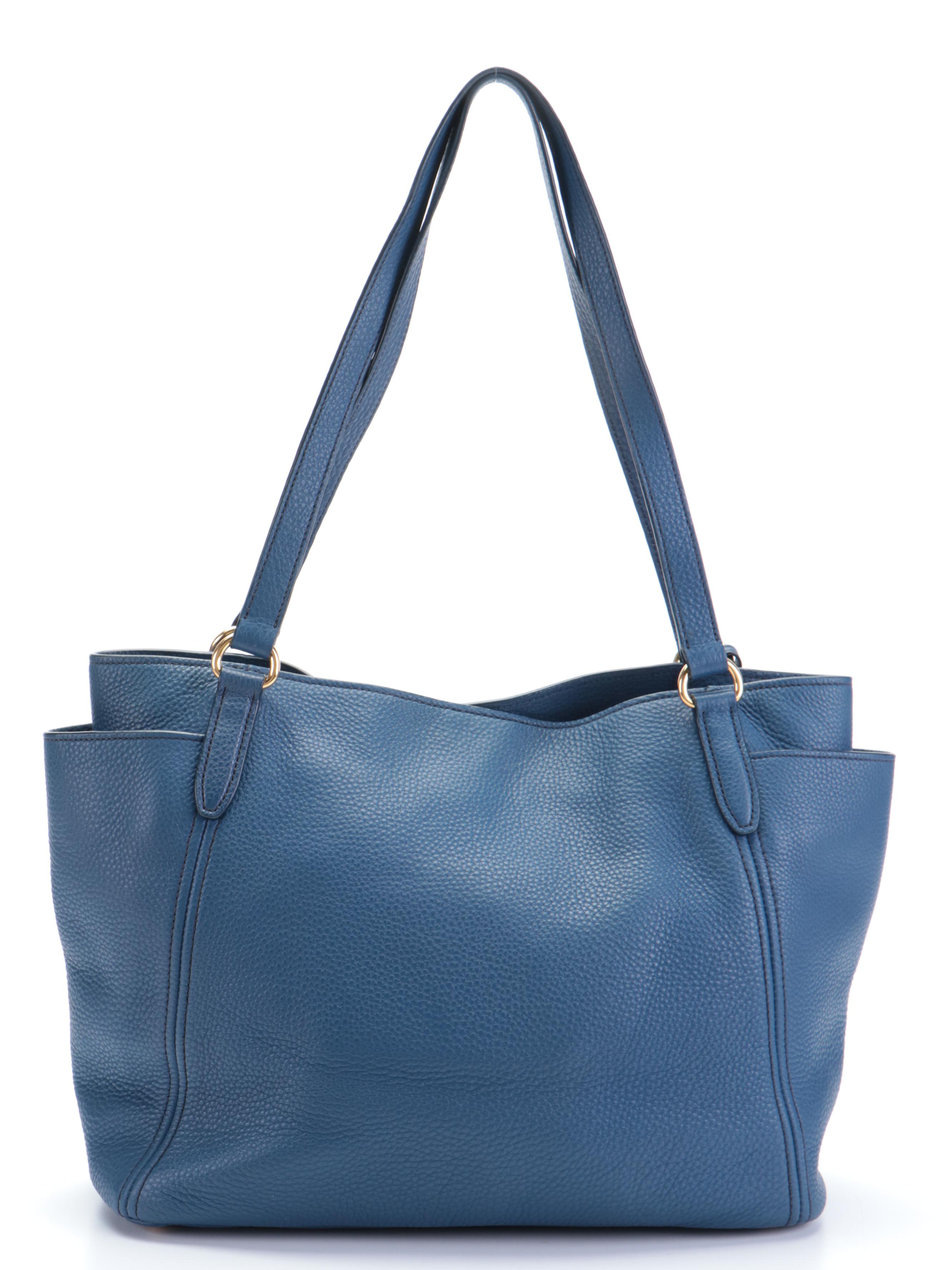 Prada Medium Side Pocket Tote in Blue Vitello Daino Leather