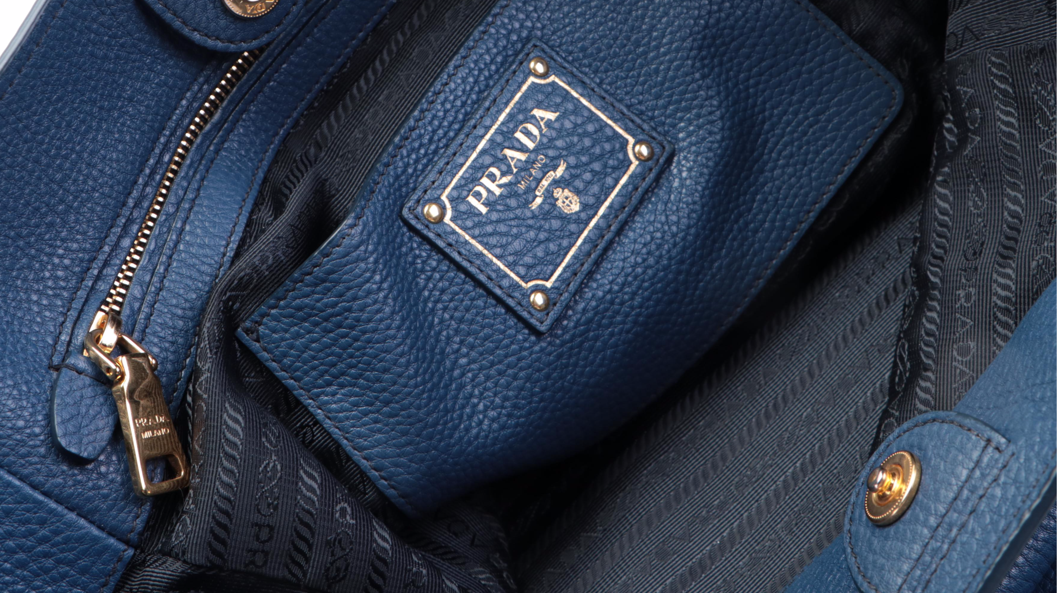 Prada Medium Side Pocket Tote in Blue Vitello Daino Leather