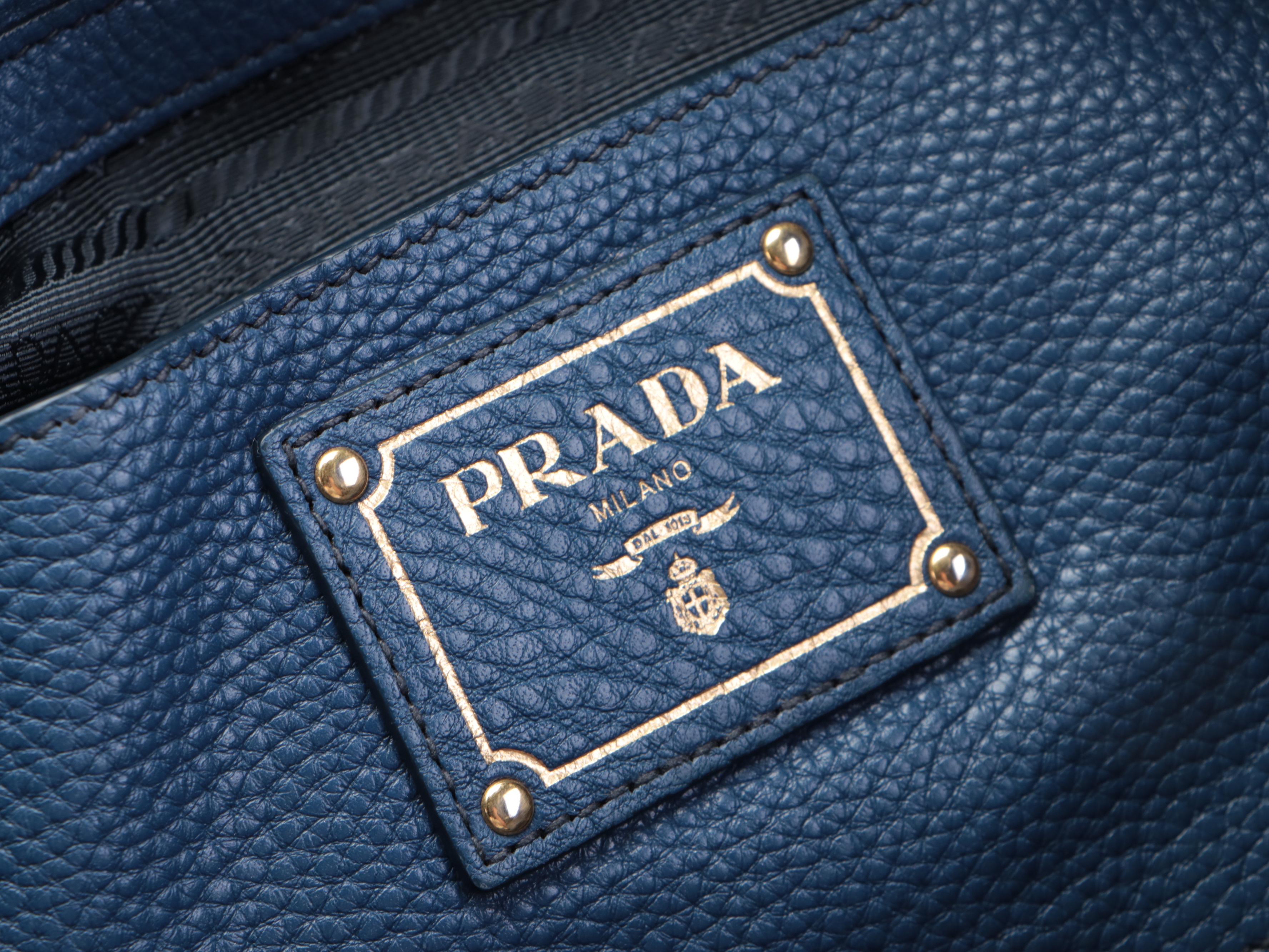 Prada Medium Side Pocket Tote in Blue Vitello Daino Leather