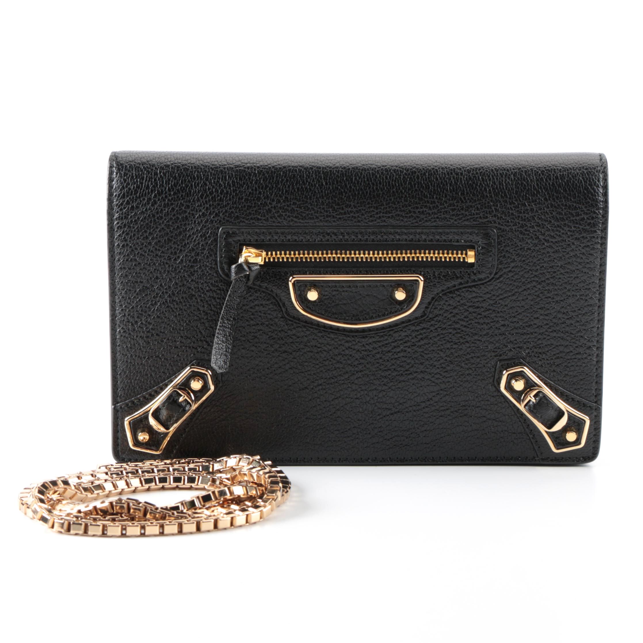 Balenciaga Metallic Edge Wallet on Chain in Black Leather