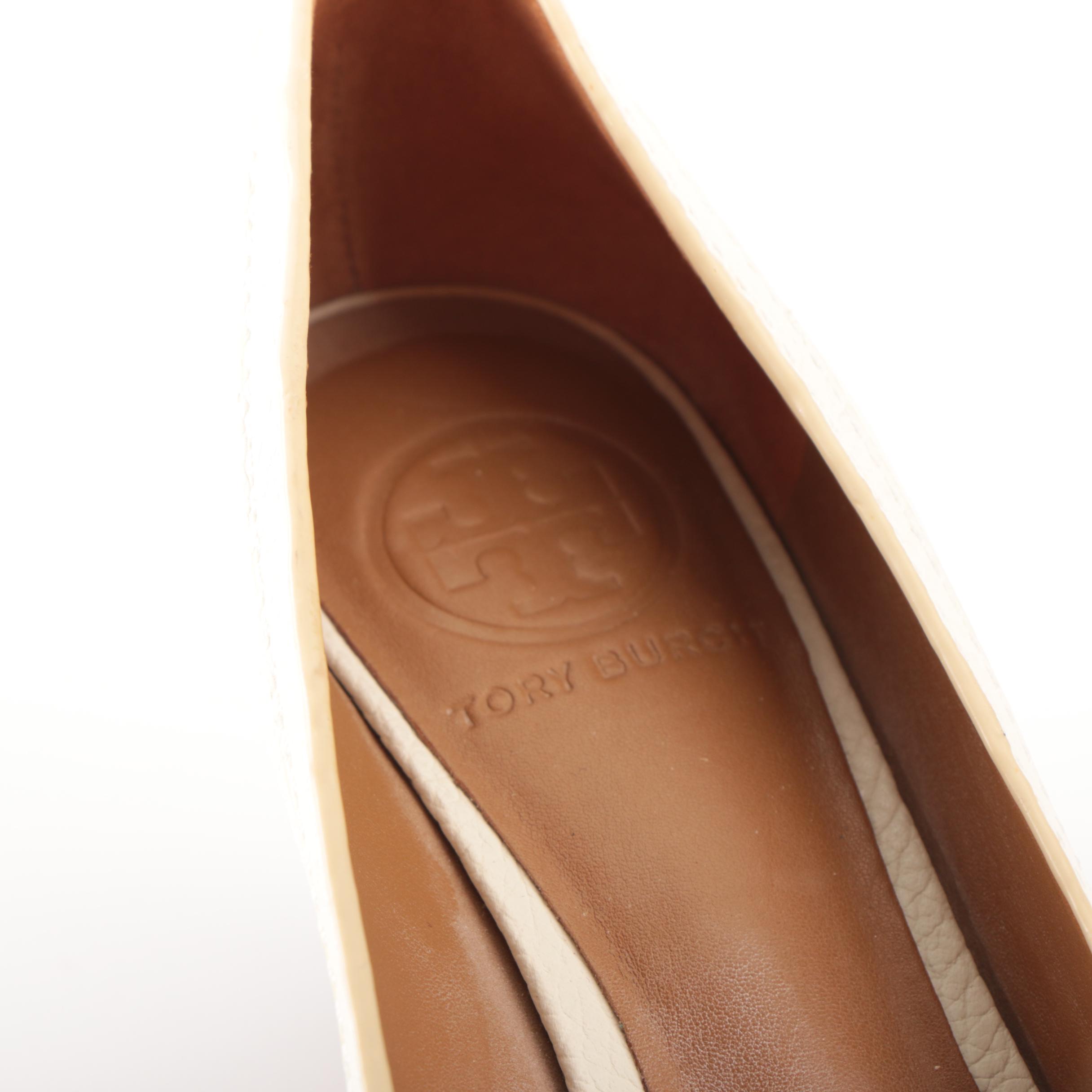Tory Burch Peep Toe Wedge Pumps in White Pebble Grain Leather