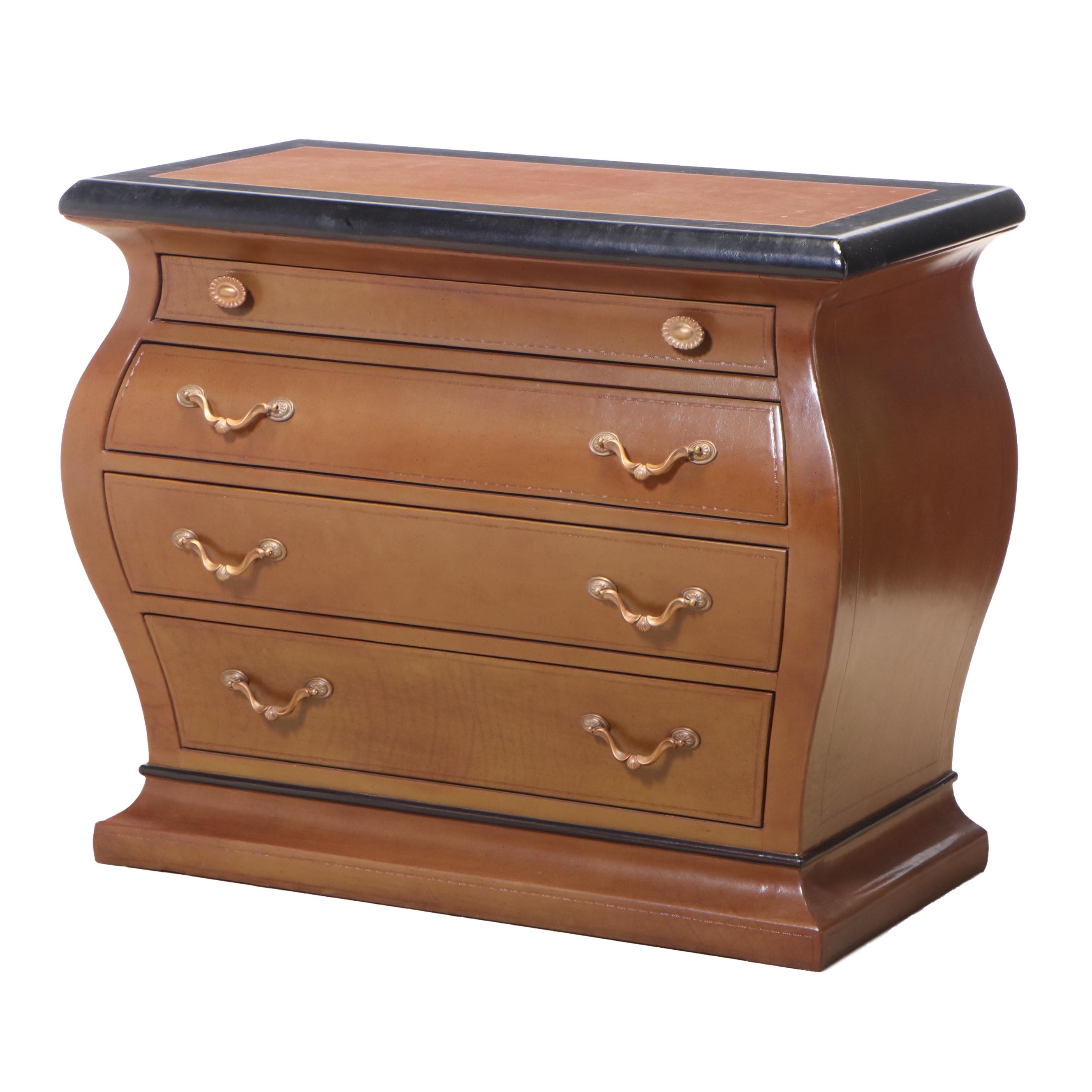 Henredon Leather-Covered and Parcel-Ebonized Bombé Chest