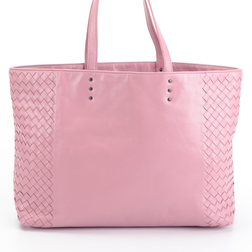 Bottega Veneta Medium Open Tote in Pink Nappa Leather with Intrecciato Detail