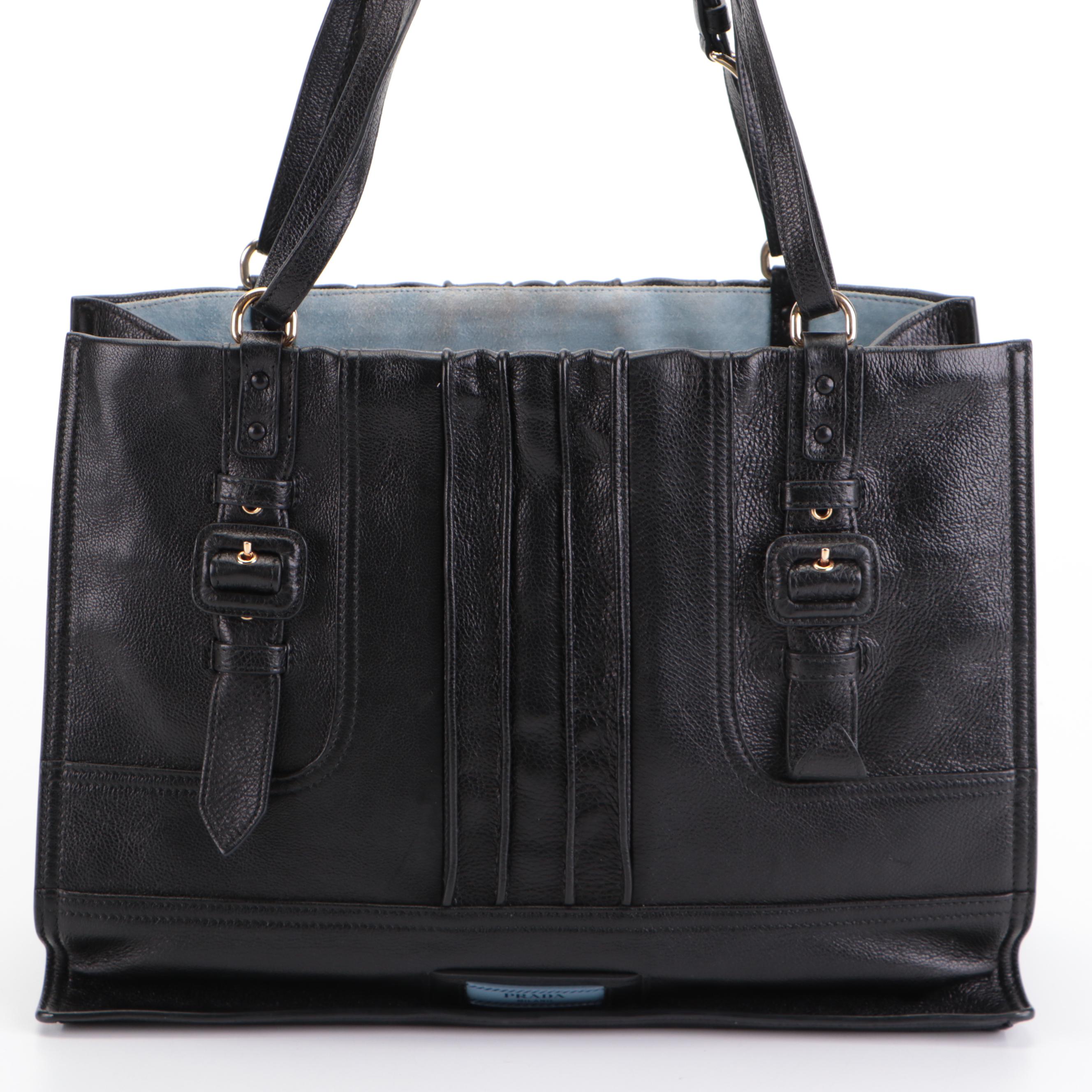 Prada Etiquette Patch Tote Medium in Black Grainy Calfskin Leather