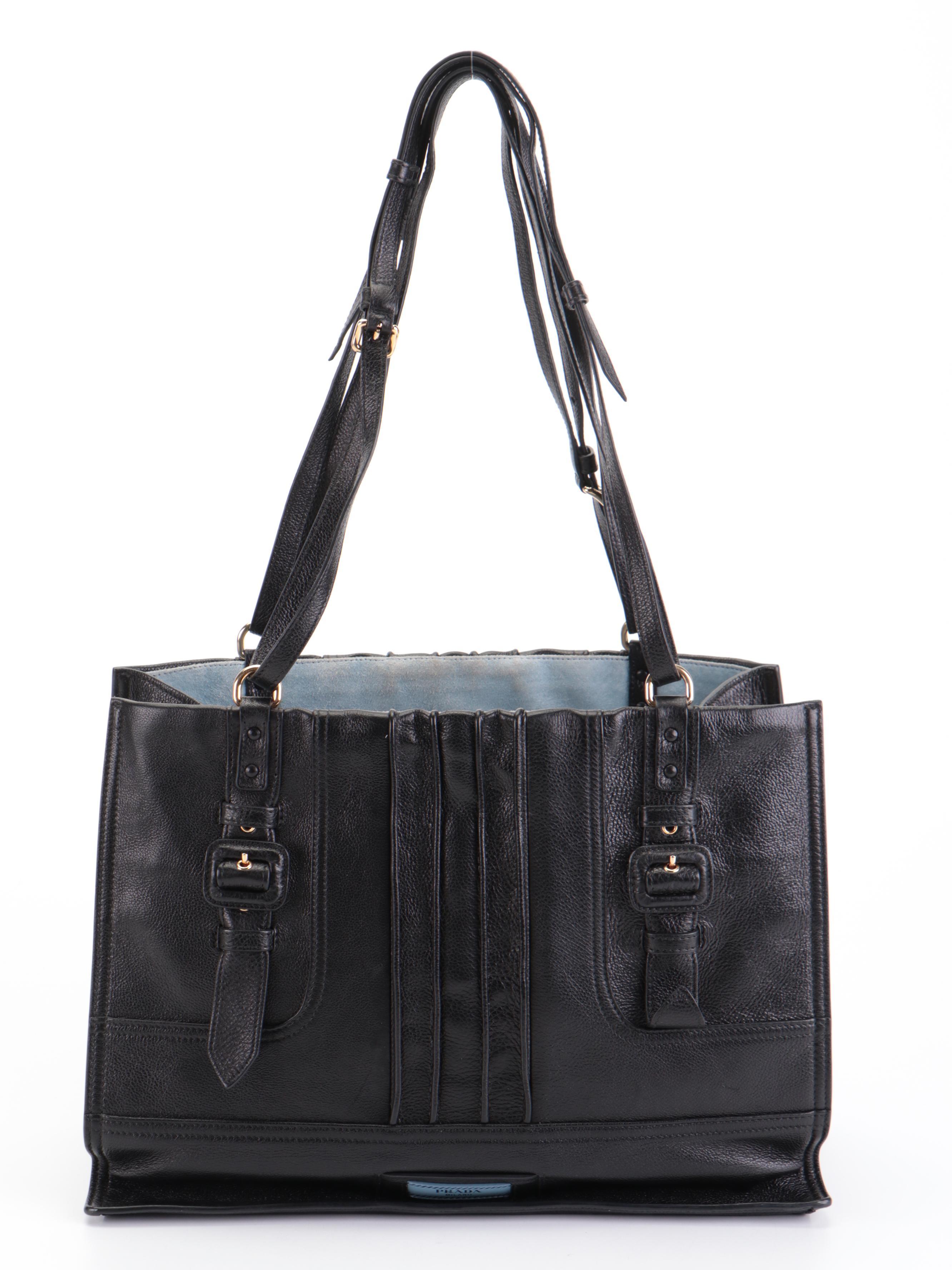 Prada Etiquette Patch Tote Medium in Black Grainy Calfskin Leather