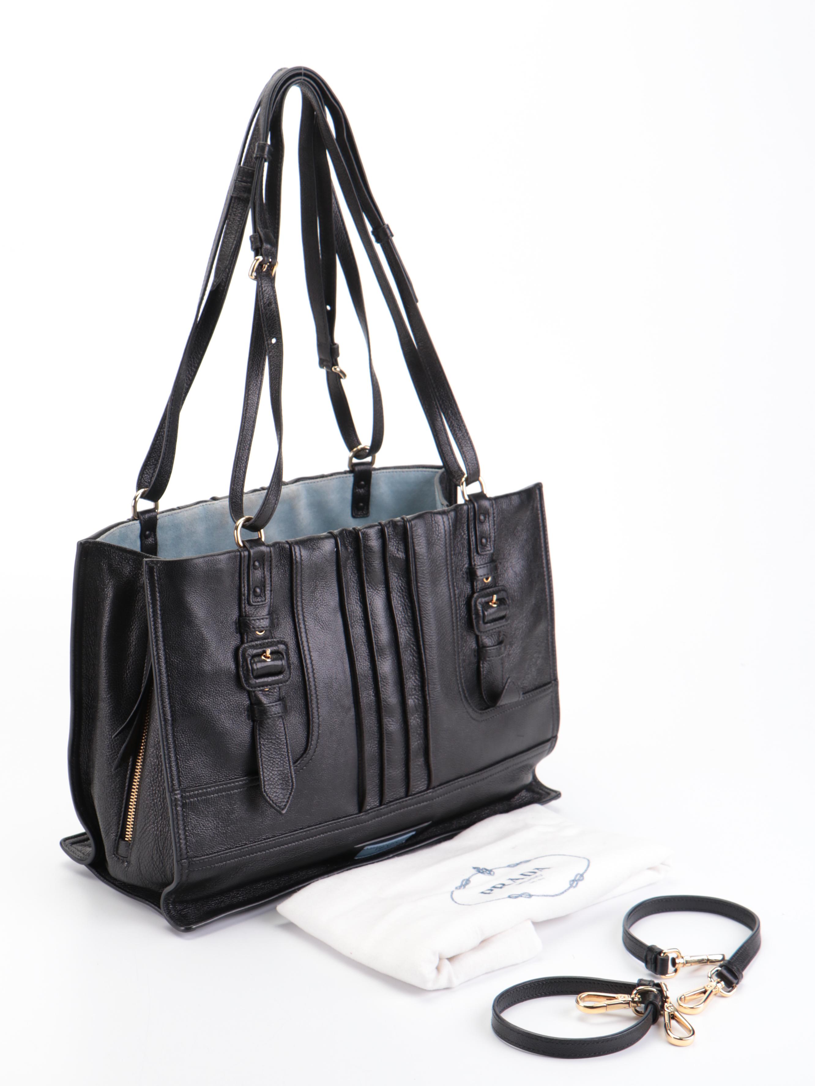 Prada Etiquette Patch Tote Medium in Black Grainy Calfskin Leather