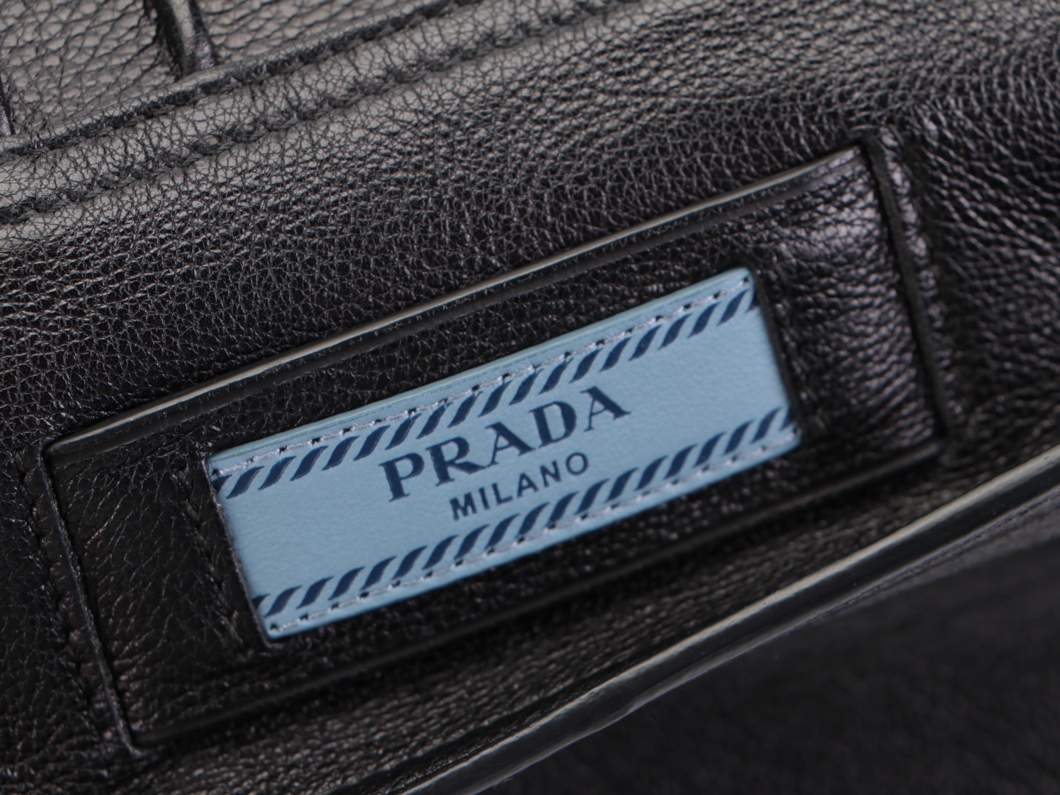 Prada Etiquette Patch Tote Medium in Black Grainy Calfskin Leather