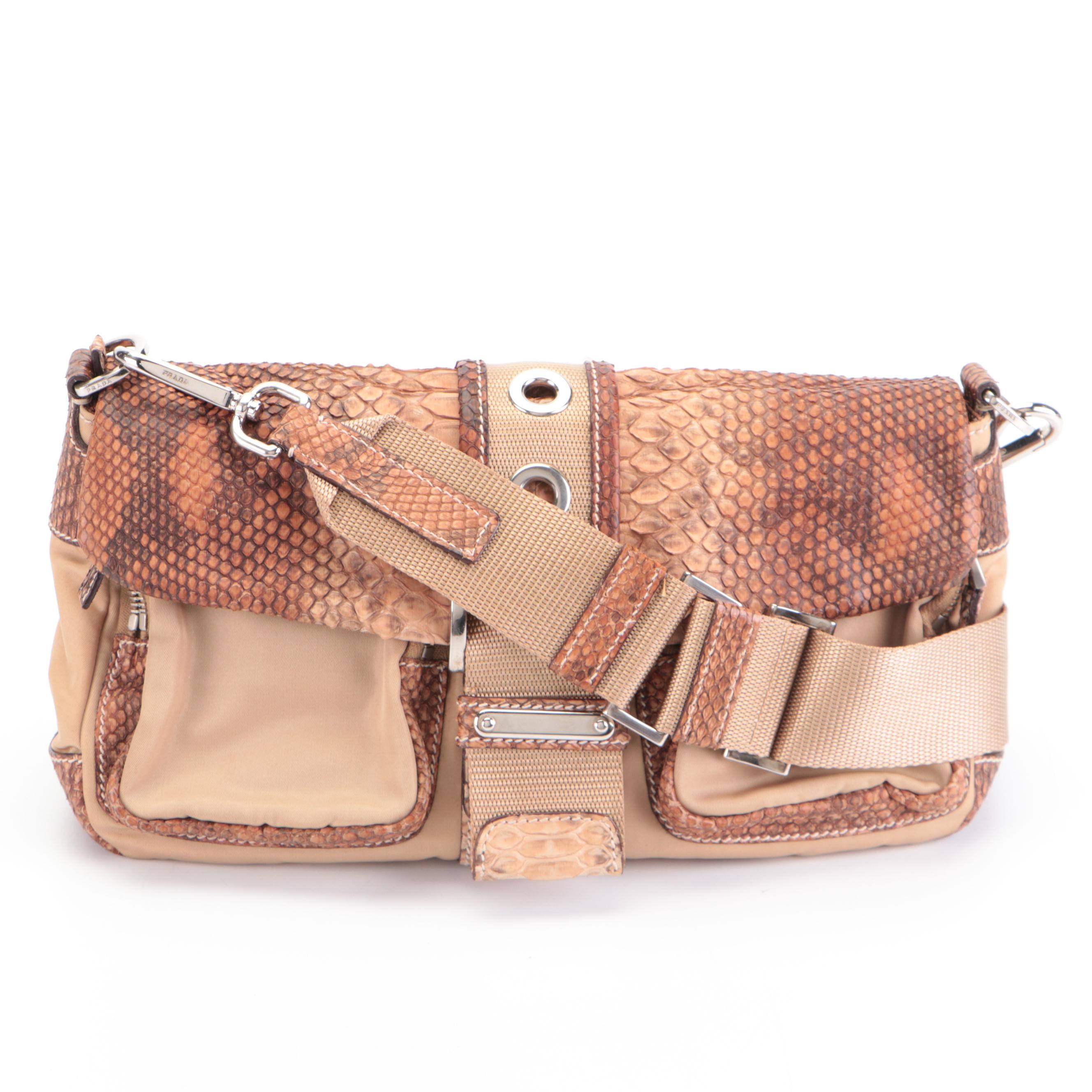 Prada Double Front Pocket Small Shoulder Bag in Tan Nylon Tessuto and Python